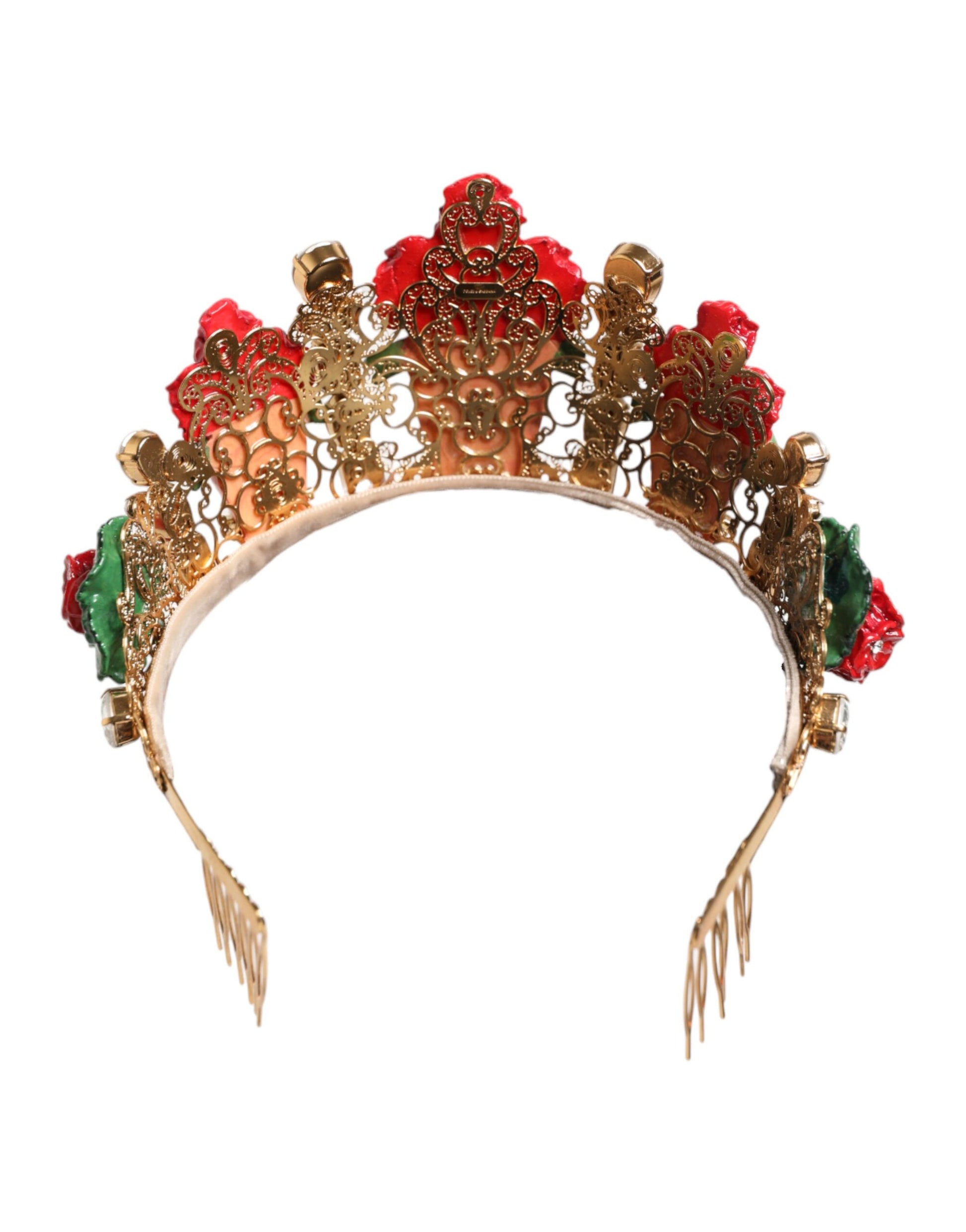 Dolce & Gabbana Red Floral Flowerpot Crystal Gold Crown Tiara Headband - ClickThatClicks 