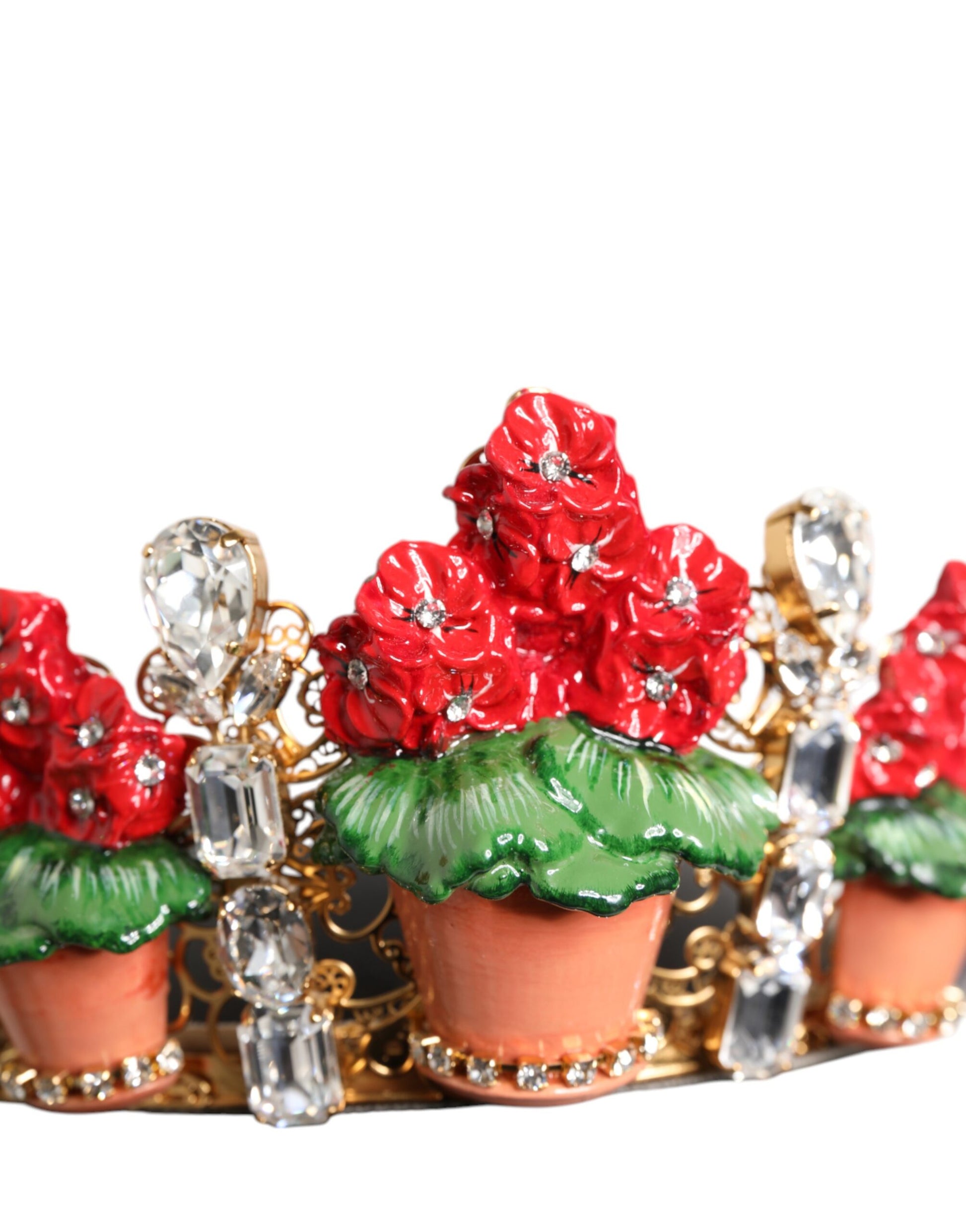 Dolce & Gabbana Red Floral Flowerpot Crystal Gold Crown Tiara Headband - ClickThatClicks 