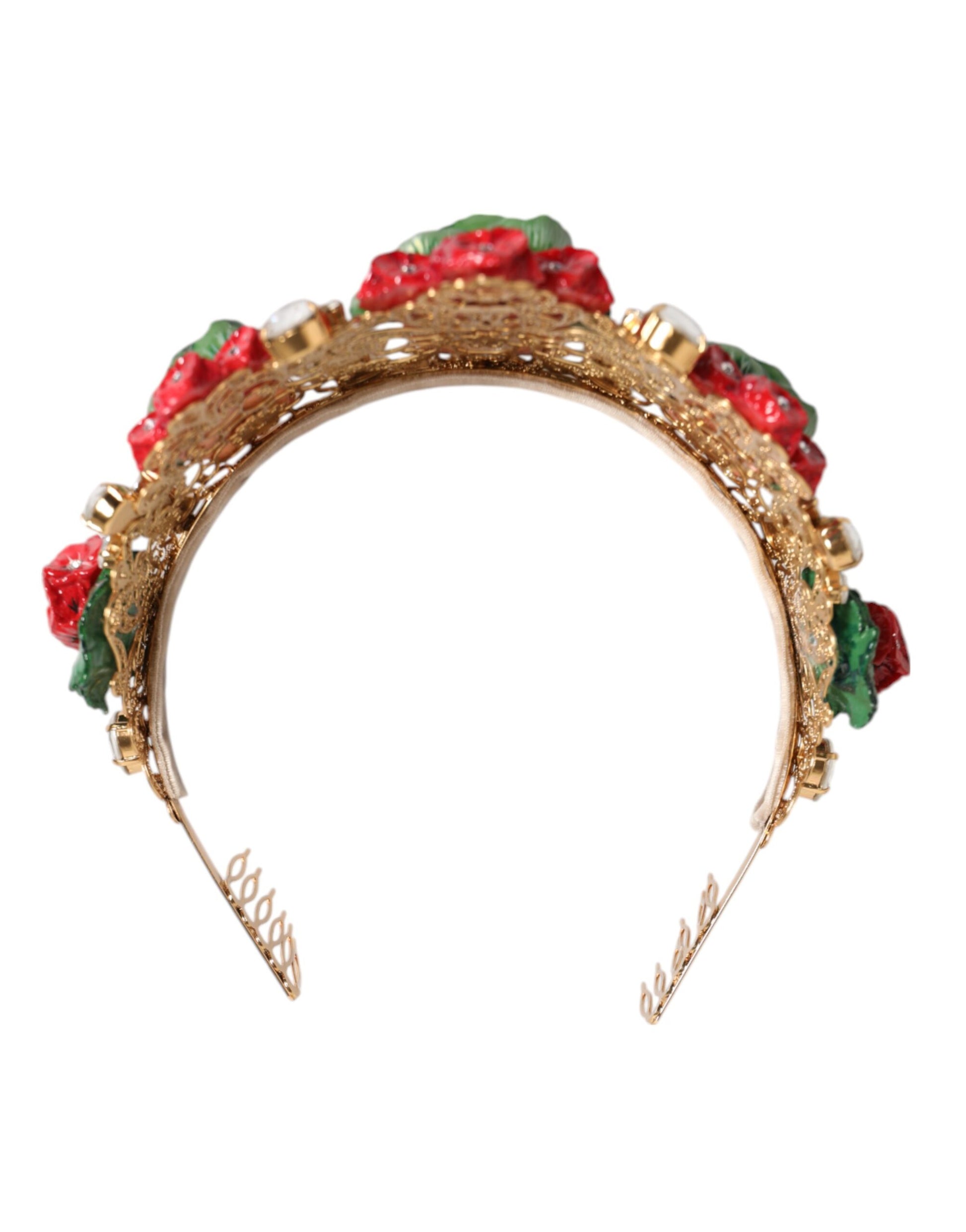 Dolce & Gabbana Red Floral Flowerpot Crystal Gold Crown Tiara Headband - ClickThatClicks 