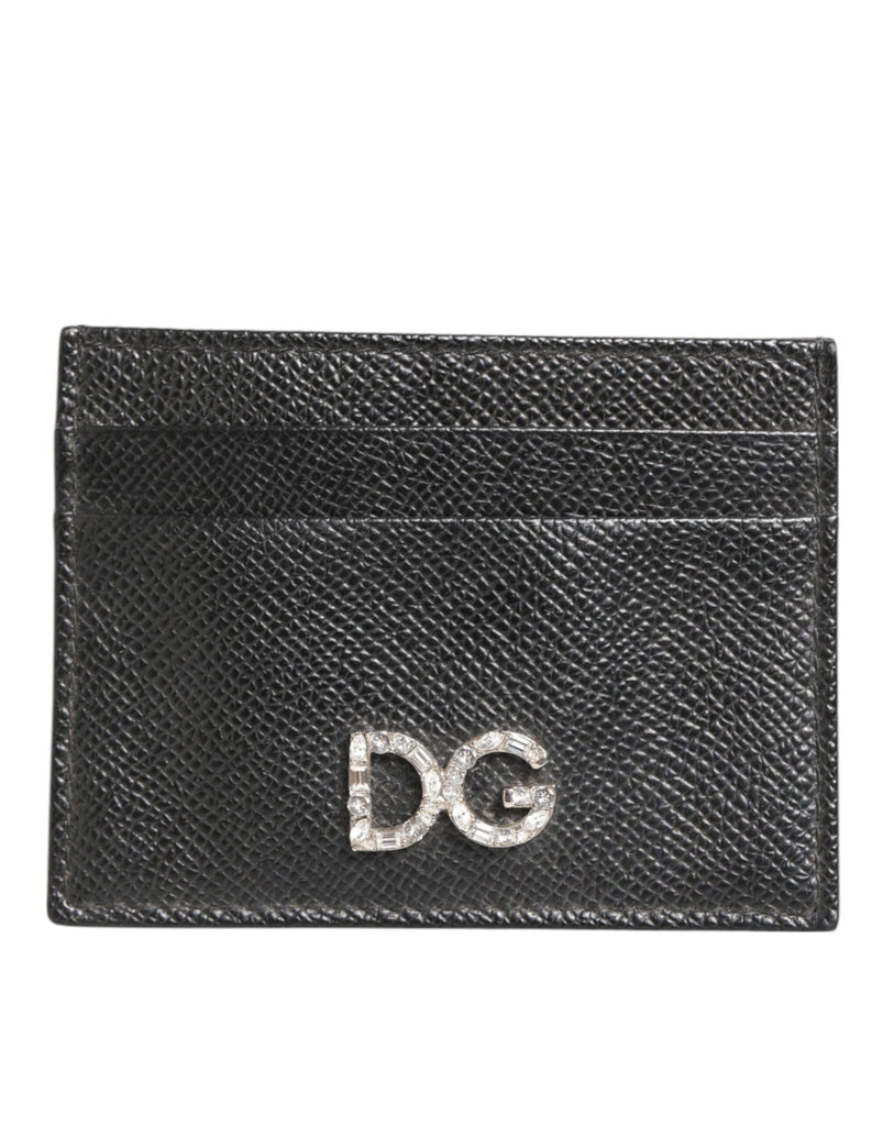 Dolce & Gabbana Black Leather Crystal DG Logo Embellished Card Holder Wallet
