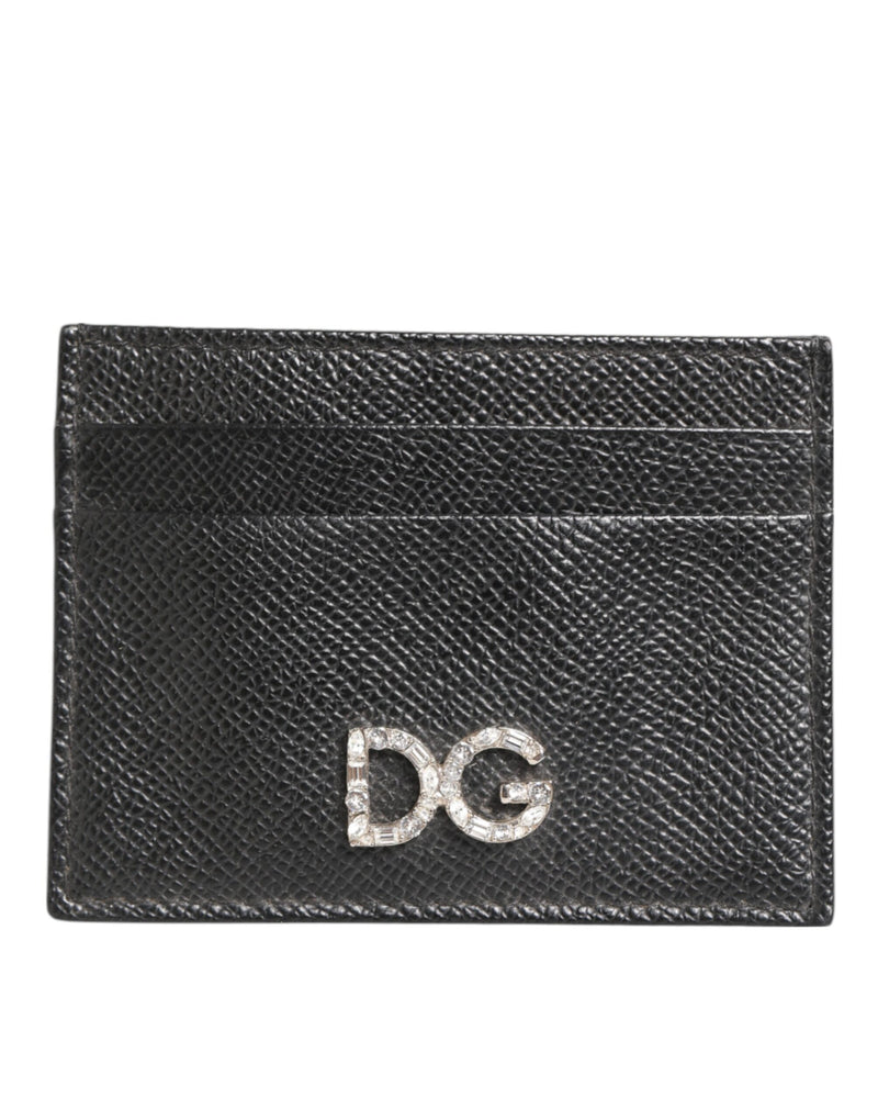 Dolce & Gabbana Black Leather Crystal DG Logo Embellished Card Holder Wallet