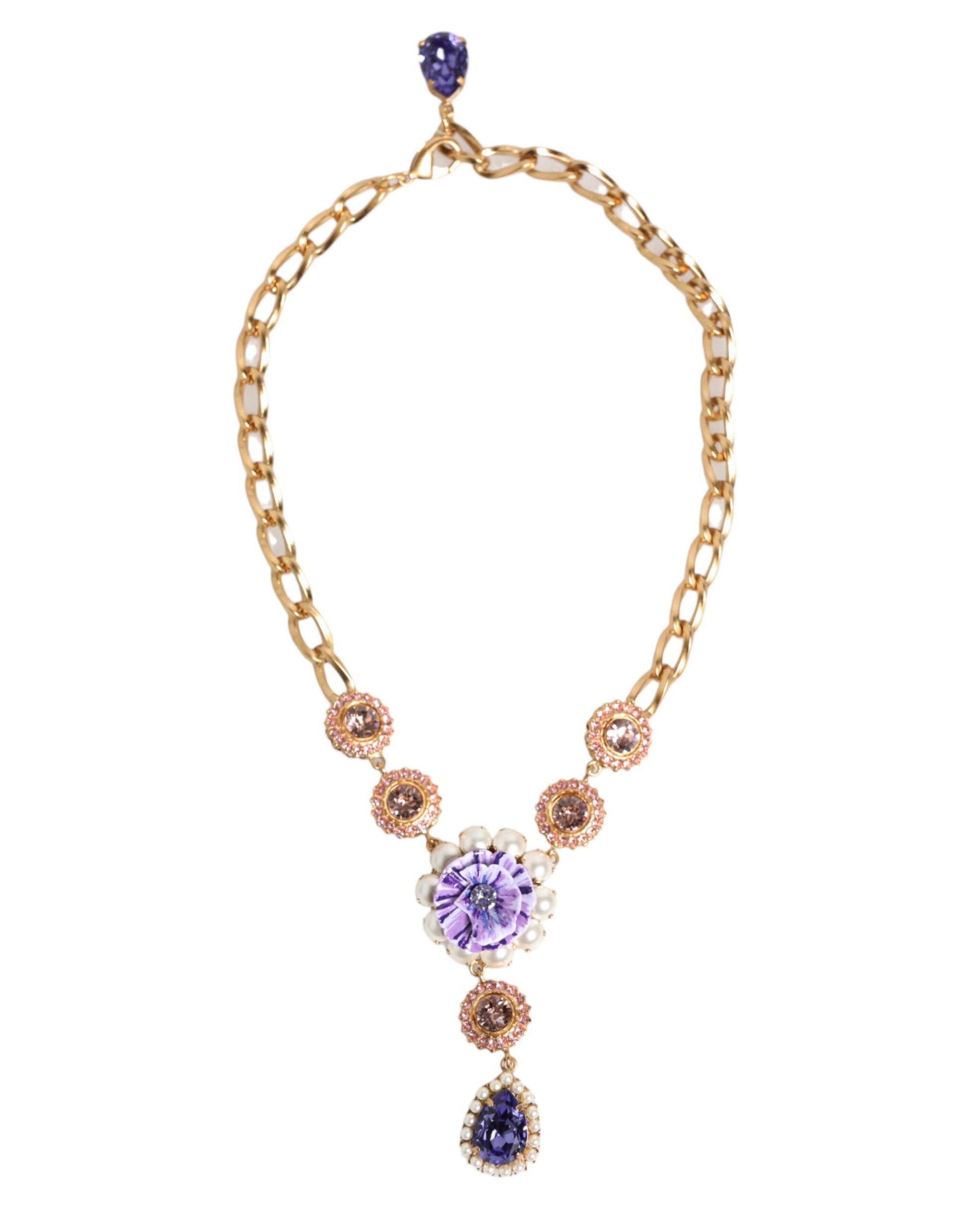 Dolce & Gabbana Gold Brass Crystal Pearl Purple Floral Pendant Jewelry Necklace - ClickThatClicks 