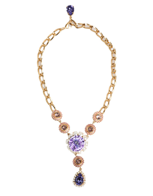 Dolce & Gabbana Gold Brass Crystal Pearl Purple Floral Pendant Jewelry Necklace - ClickThatClicks 