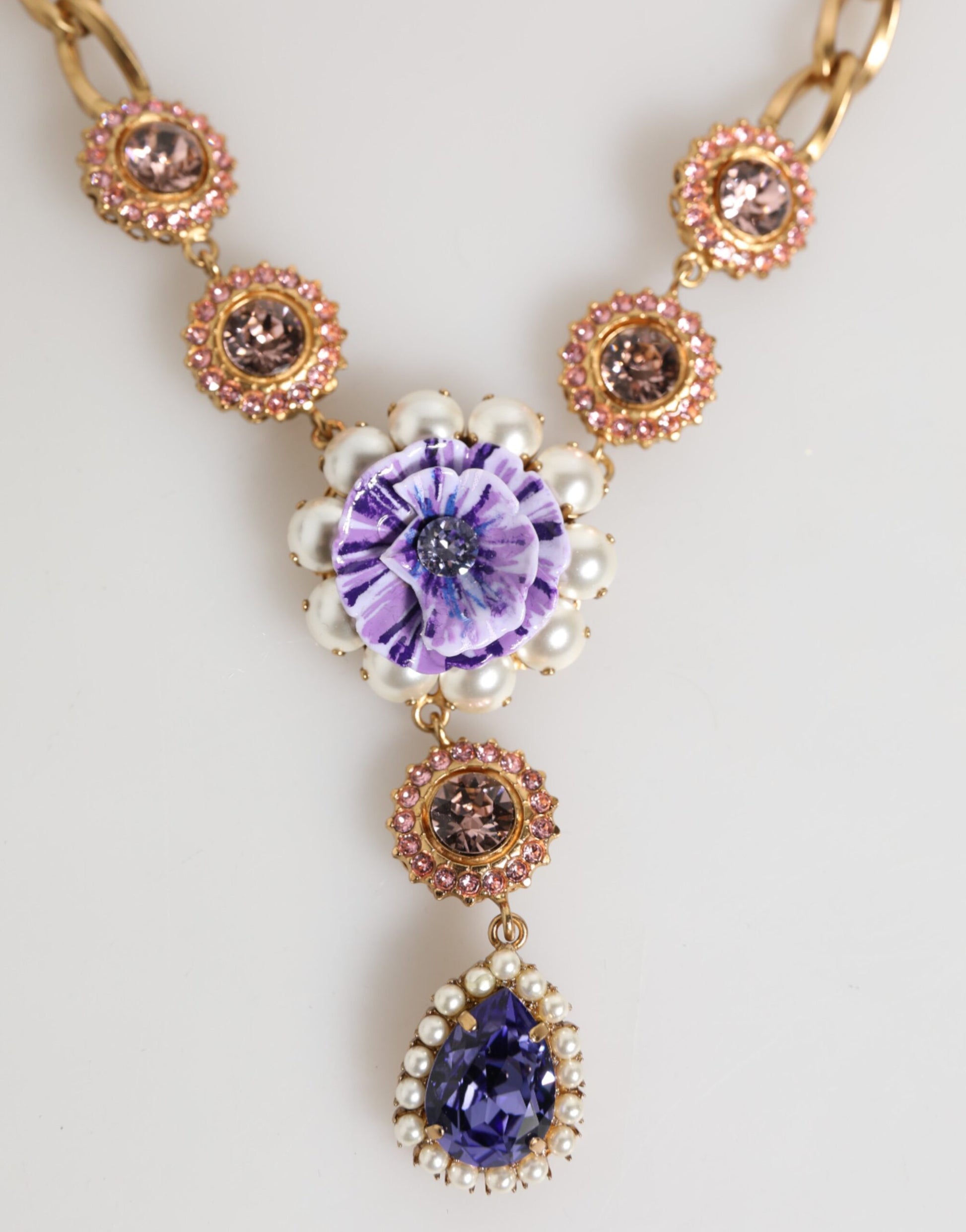 Dolce & Gabbana Gold Brass Crystal Pearl Purple Floral Pendant Jewelry Necklace - ClickThatClicks 