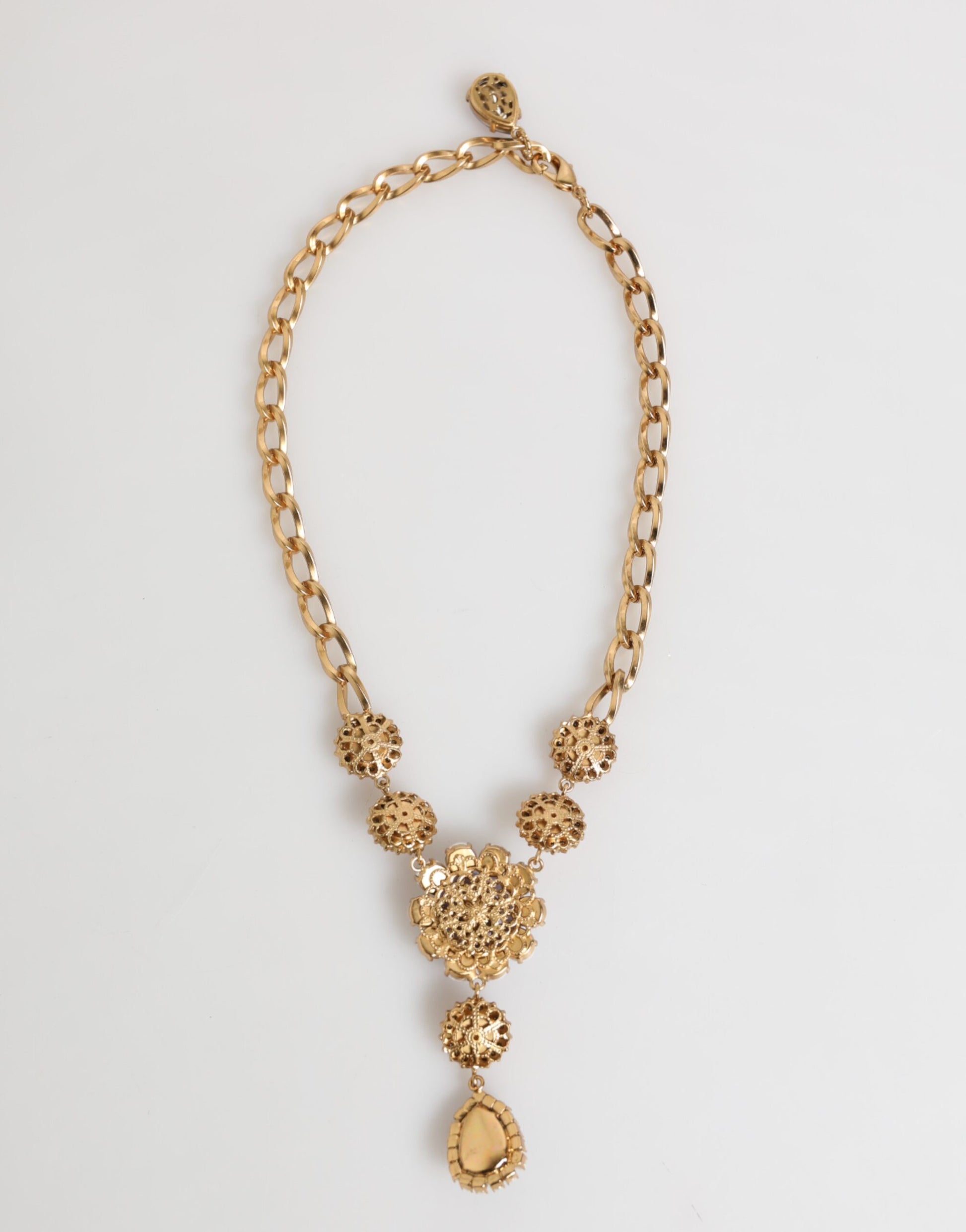 Dolce & Gabbana Gold Brass Crystal Pearl Purple Floral Pendant Jewelry Necklace - ClickThatClicks 