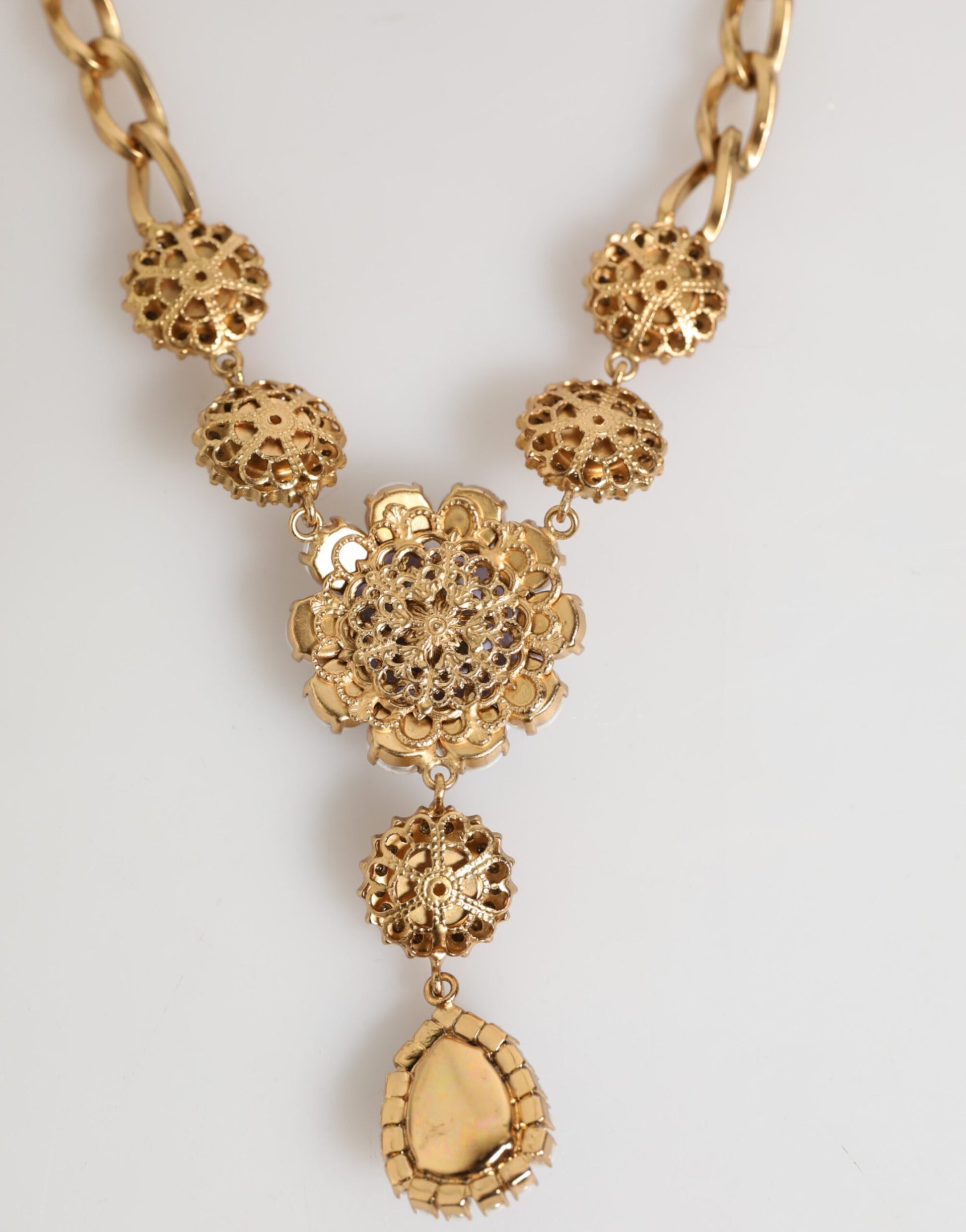 Dolce & Gabbana Gold Brass Crystal Pearl Purple Floral Pendant Jewelry Necklace - ClickThatClicks 