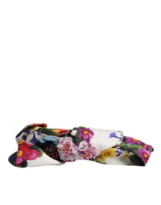 Dolce & Gabbana White Multicolor Floral Silk Bow Crystal Embellished Headband - ClickThatClicks 