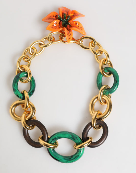 Dolce & Gabbana Multicolor Gold Brass Tiger Lily Floral Chai Necklace - ClickThatClicks 