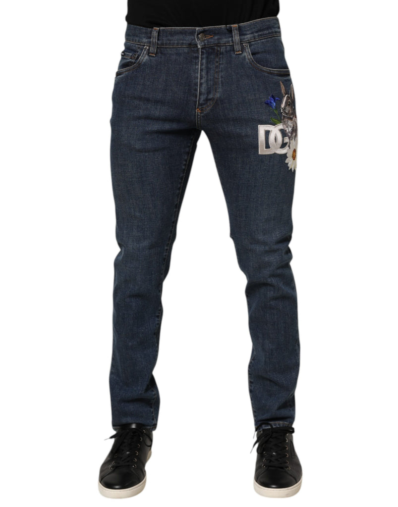 Dolce & Gabbana Blue Rabbit Embroidery Slim Men Denim Jeans
