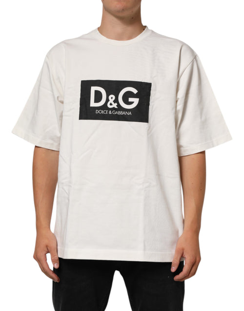 Dolce & Gabbana White Logo Print Cotton Crew Neck Men T-shirt - ClickThatClicks 