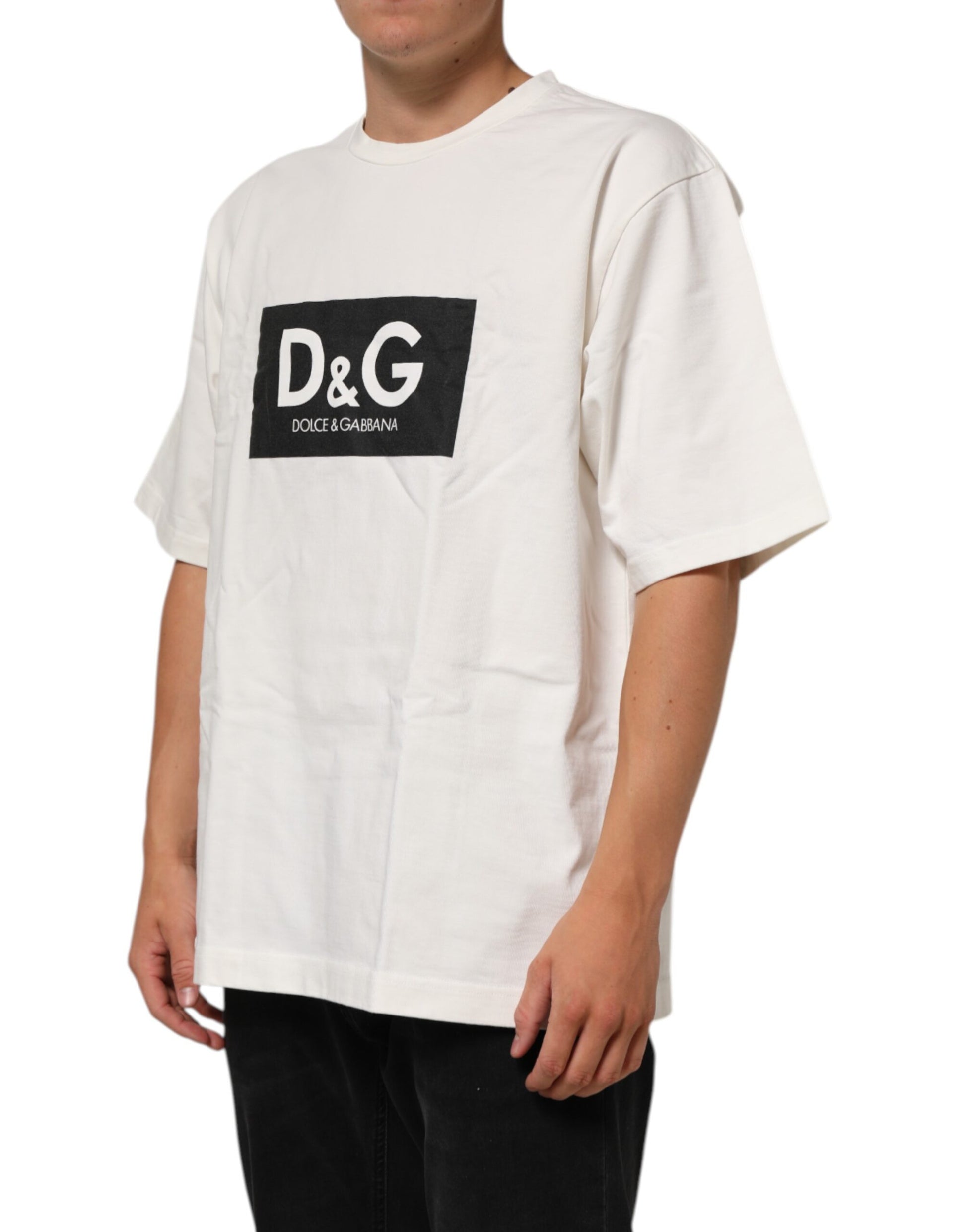 Dolce & Gabbana White Logo Print Cotton Crew Neck Men T-shirt - ClickThatClicks 