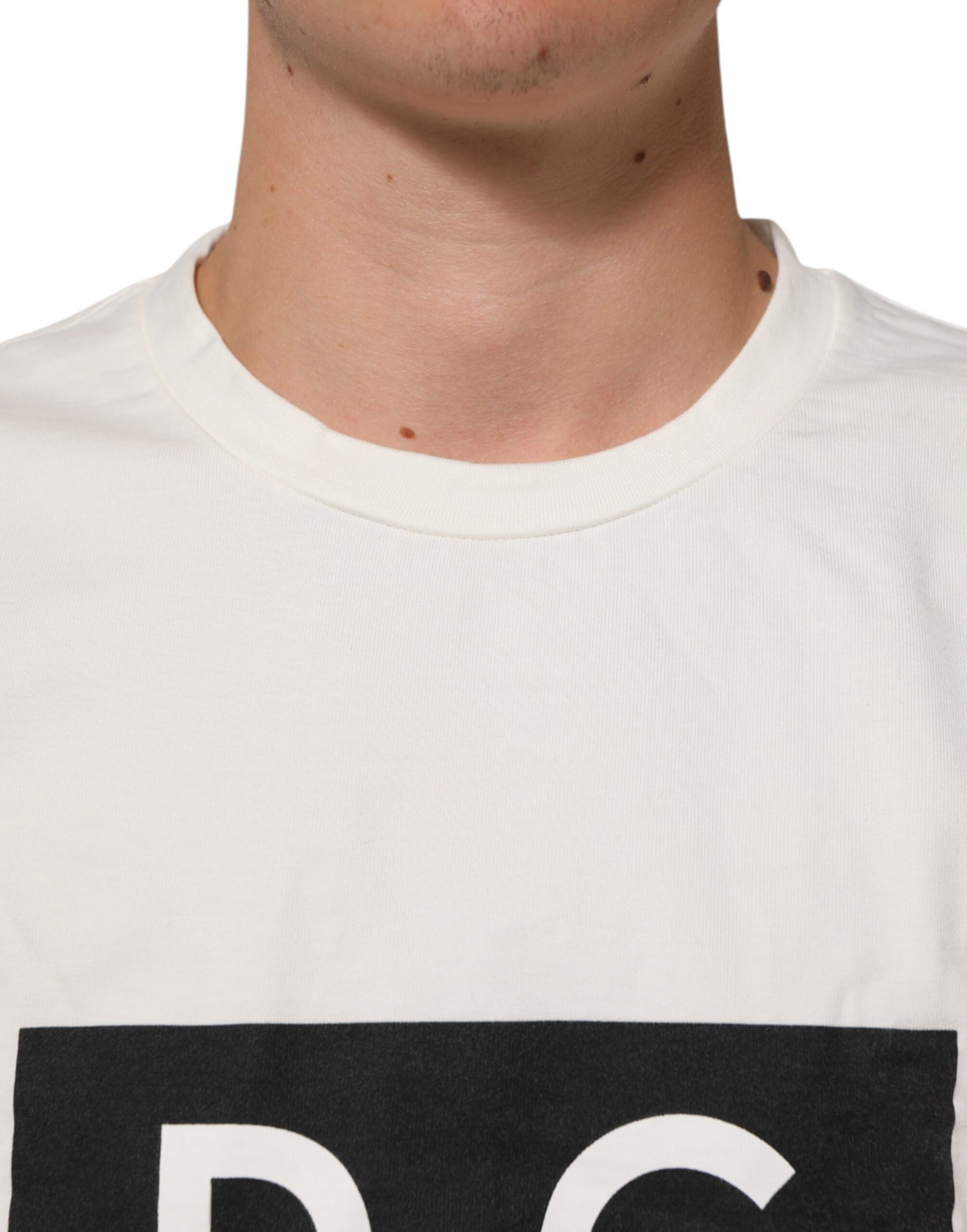 Dolce & Gabbana White Logo Print Cotton Crew Neck Men T-shirt - ClickThatClicks 