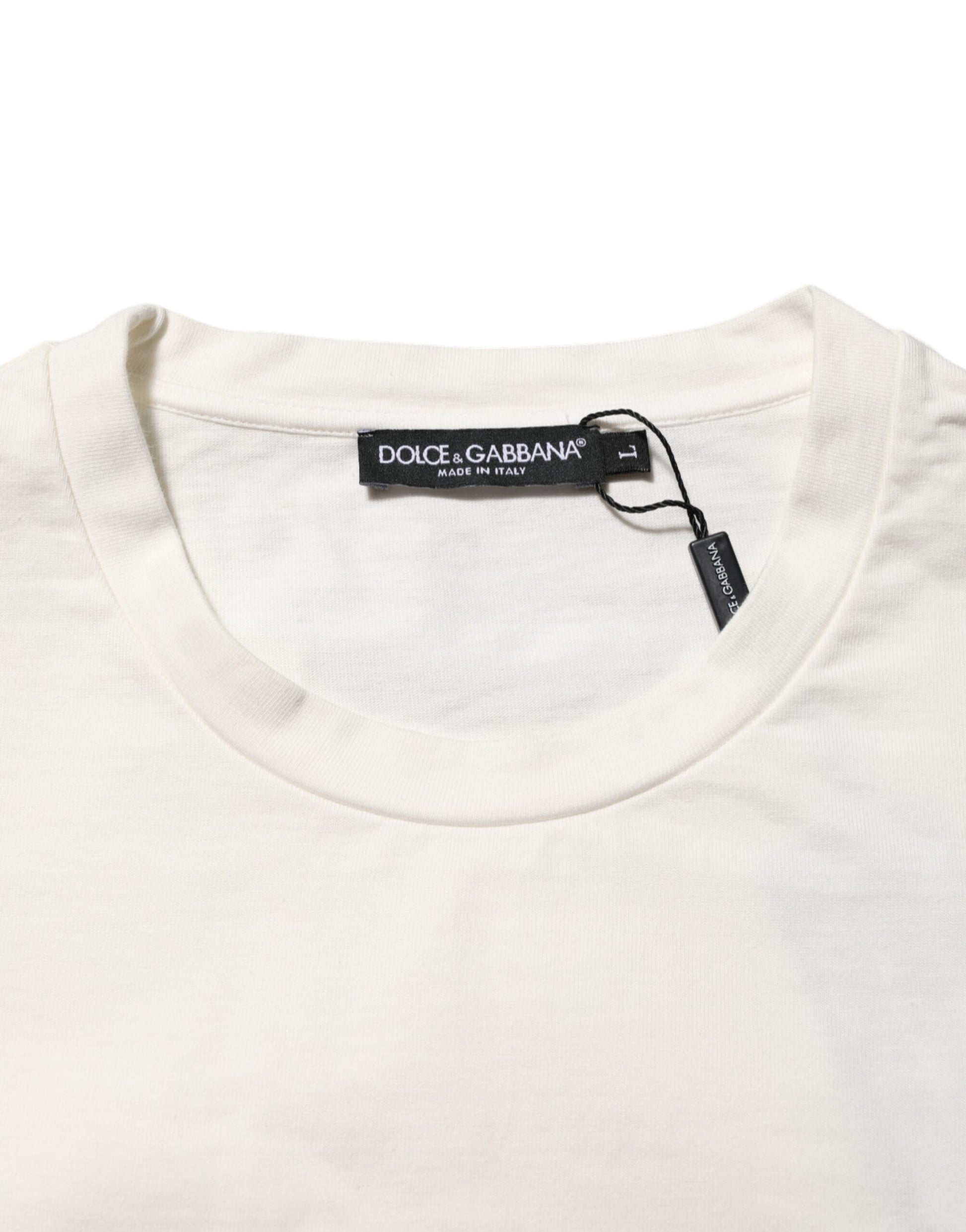Dolce & Gabbana White Logo Print Cotton Crew Neck Men T-shirt - ClickThatClicks 