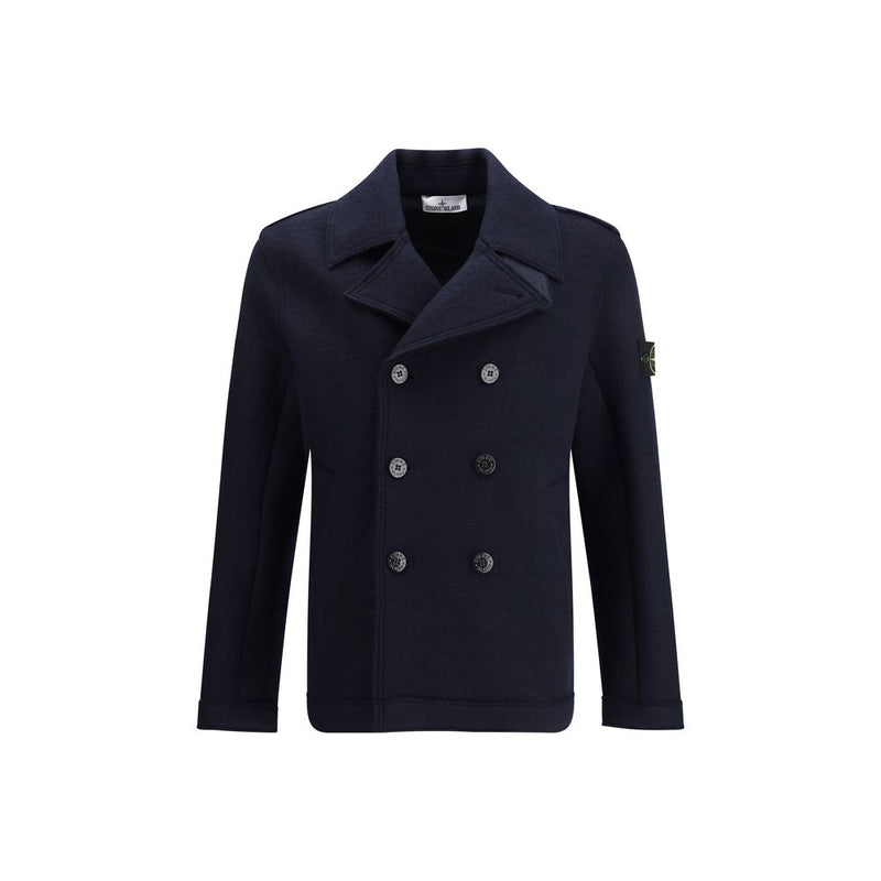 Stone Island Blue Fleece Wool Coat