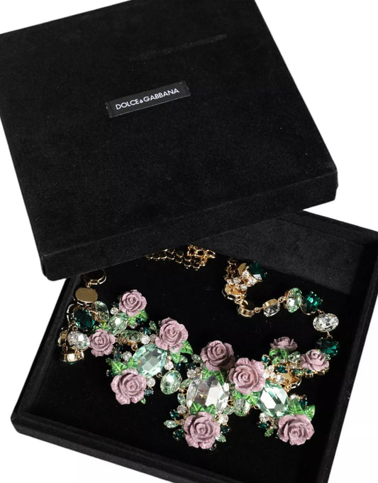 Dolce & Gabbana Gold Brass Link Chain Rose Petal Crystal Necklace - ClickThatClicks 