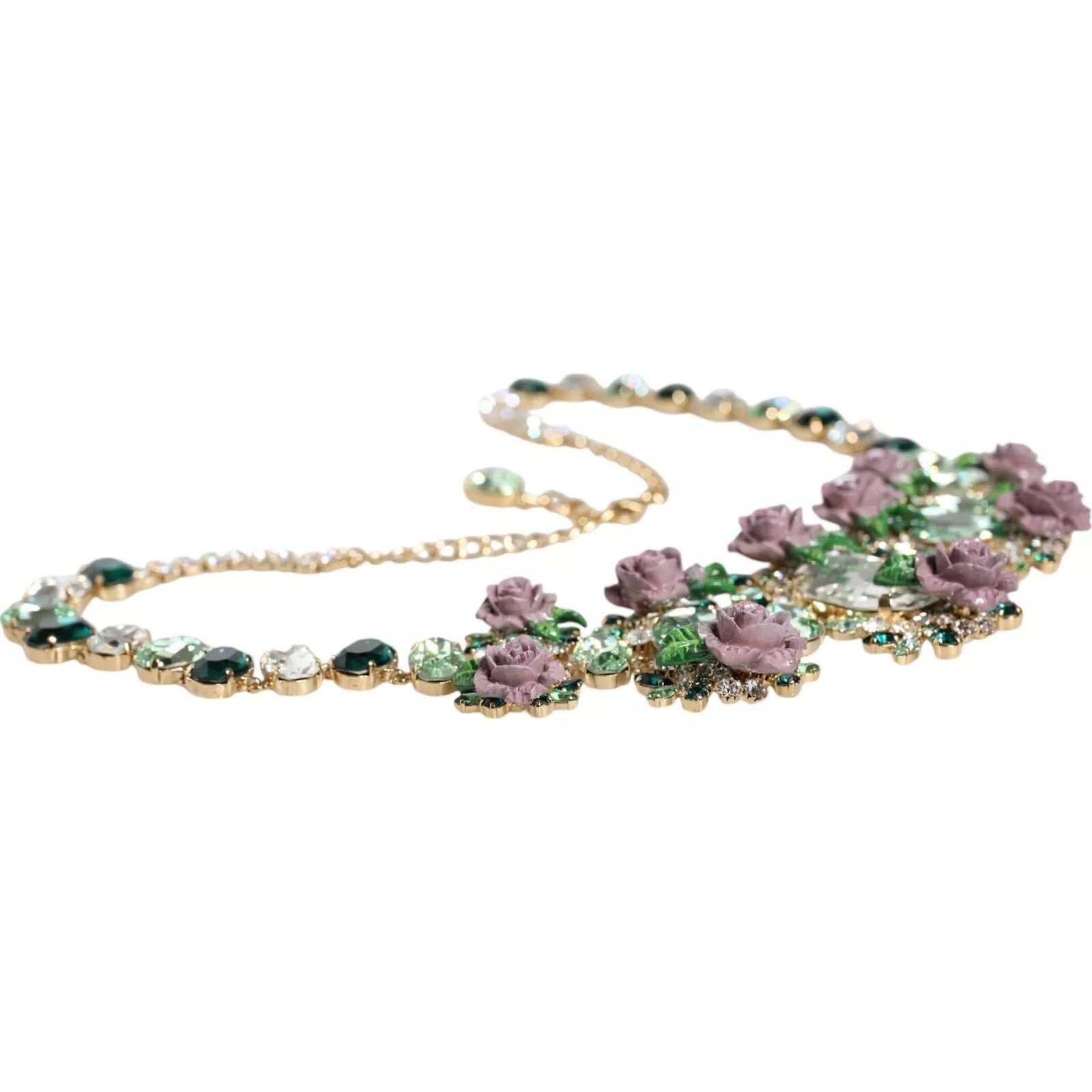 Dolce & Gabbana Gold Brass Link Chain Rose Petal Crystal Necklace - ClickThatClicks 