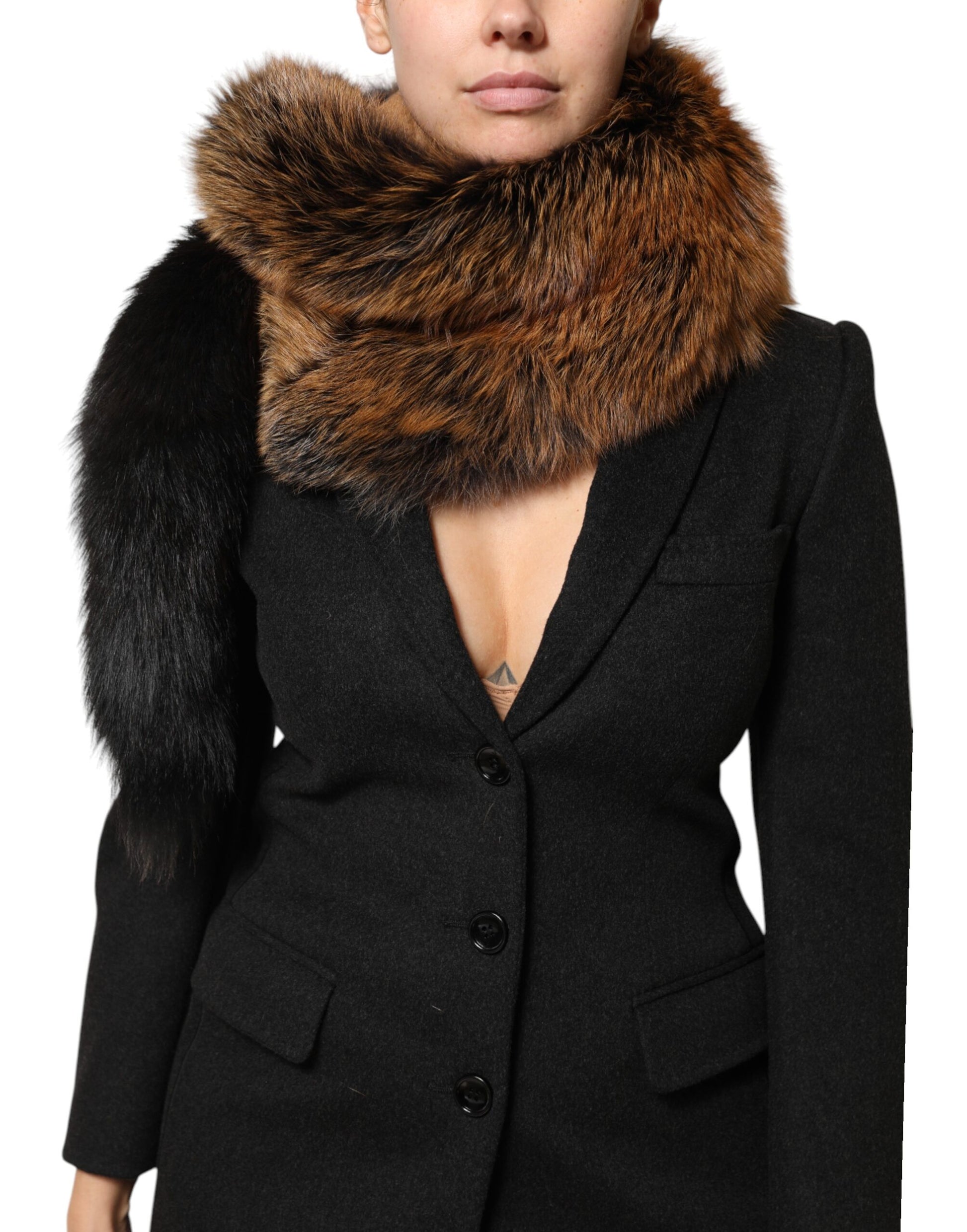 Dolce & Gabbana Brown Red Fox Fur Neck Cashmere Warmer Scarf - ClickThatClicks 