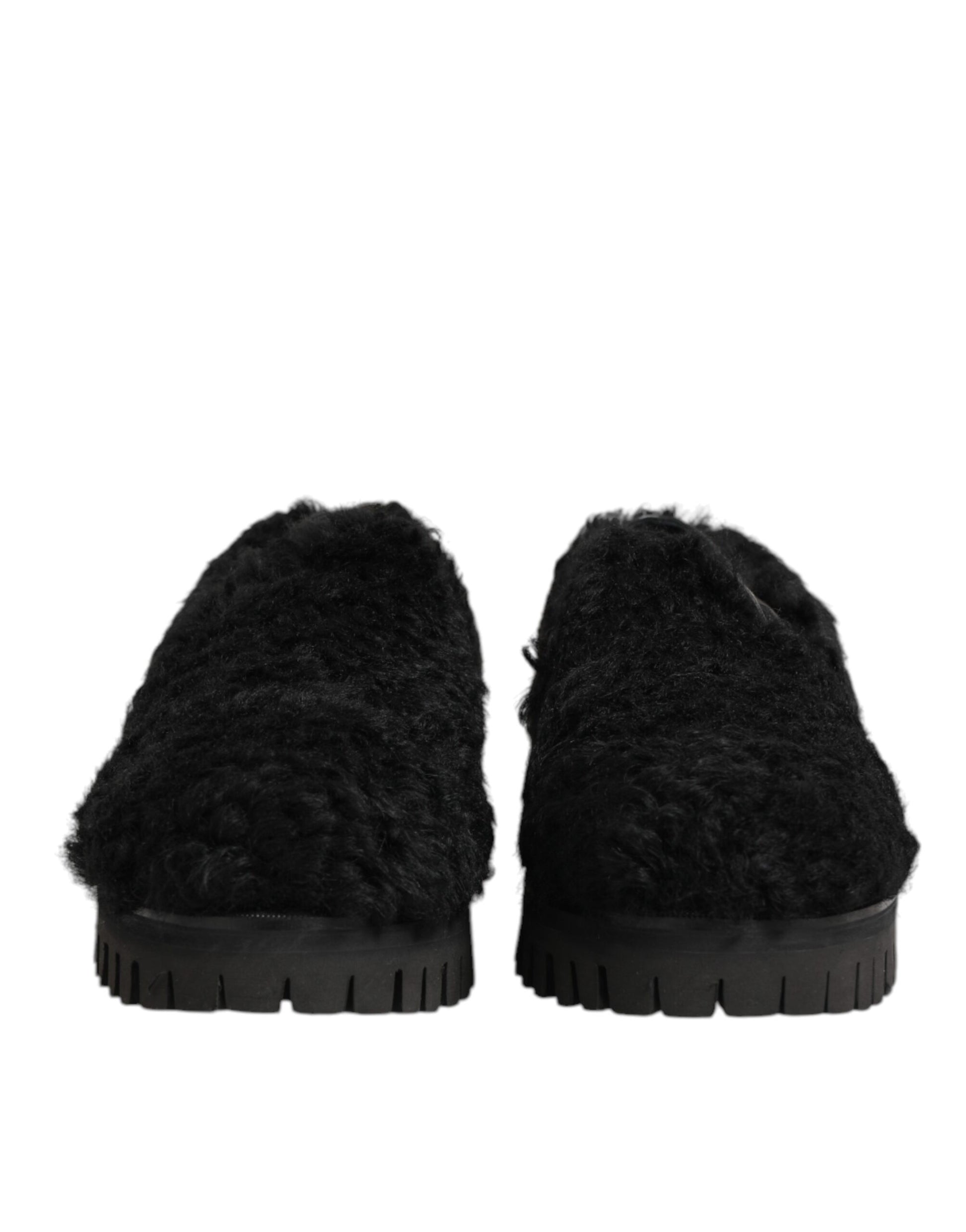 Dolce & Gabbana Dress Black Fur Leather Slippers Men Shoes - ClickThatClicks 