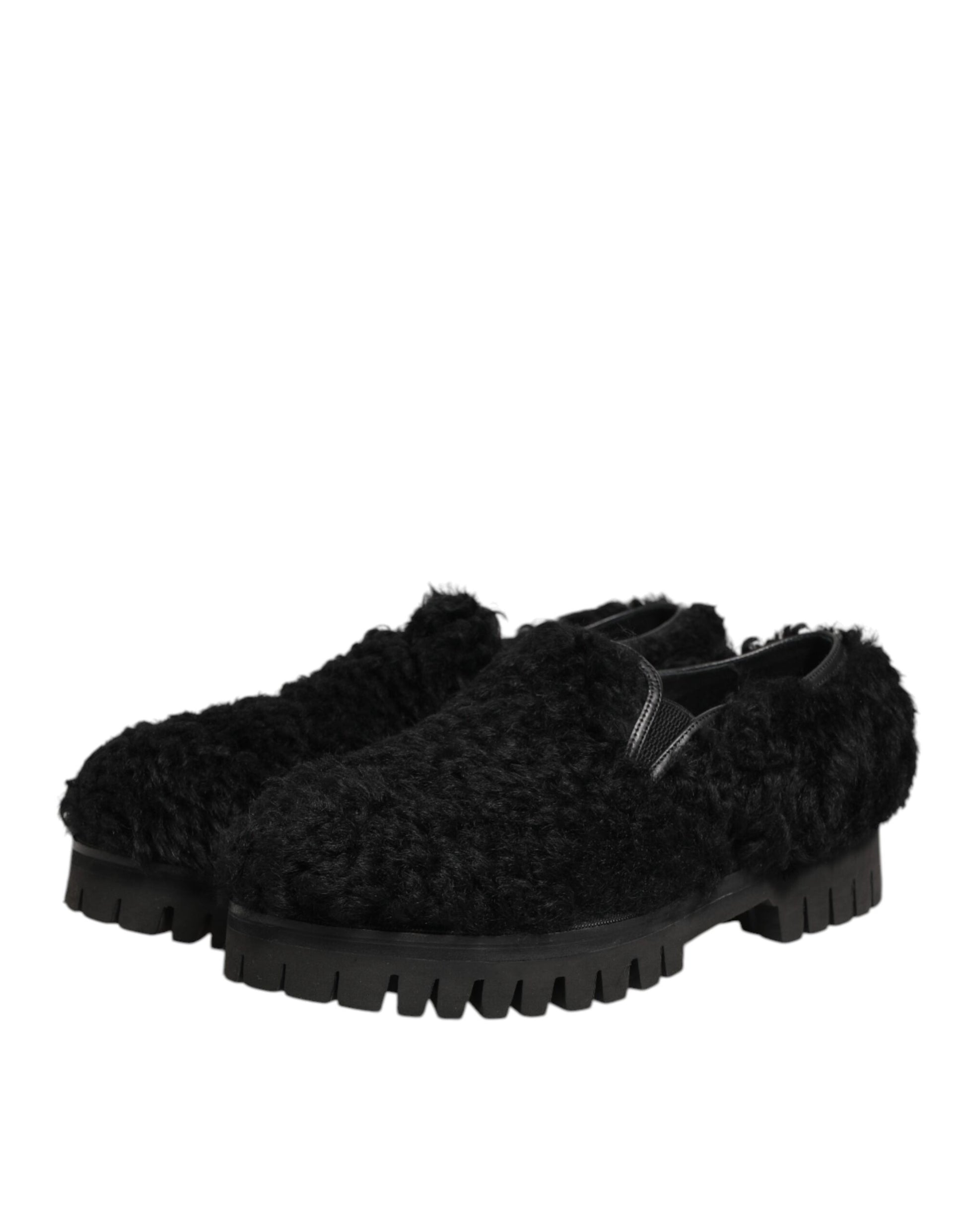 Dolce & Gabbana Dress Black Fur Leather Slippers Men Shoes - ClickThatClicks 