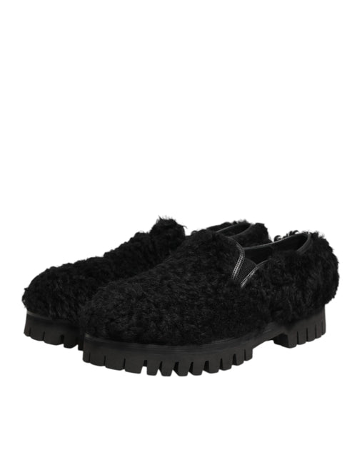 Dolce & Gabbana Dress Black Fur Leather Slippers Men Shoes - ClickThatClicks 