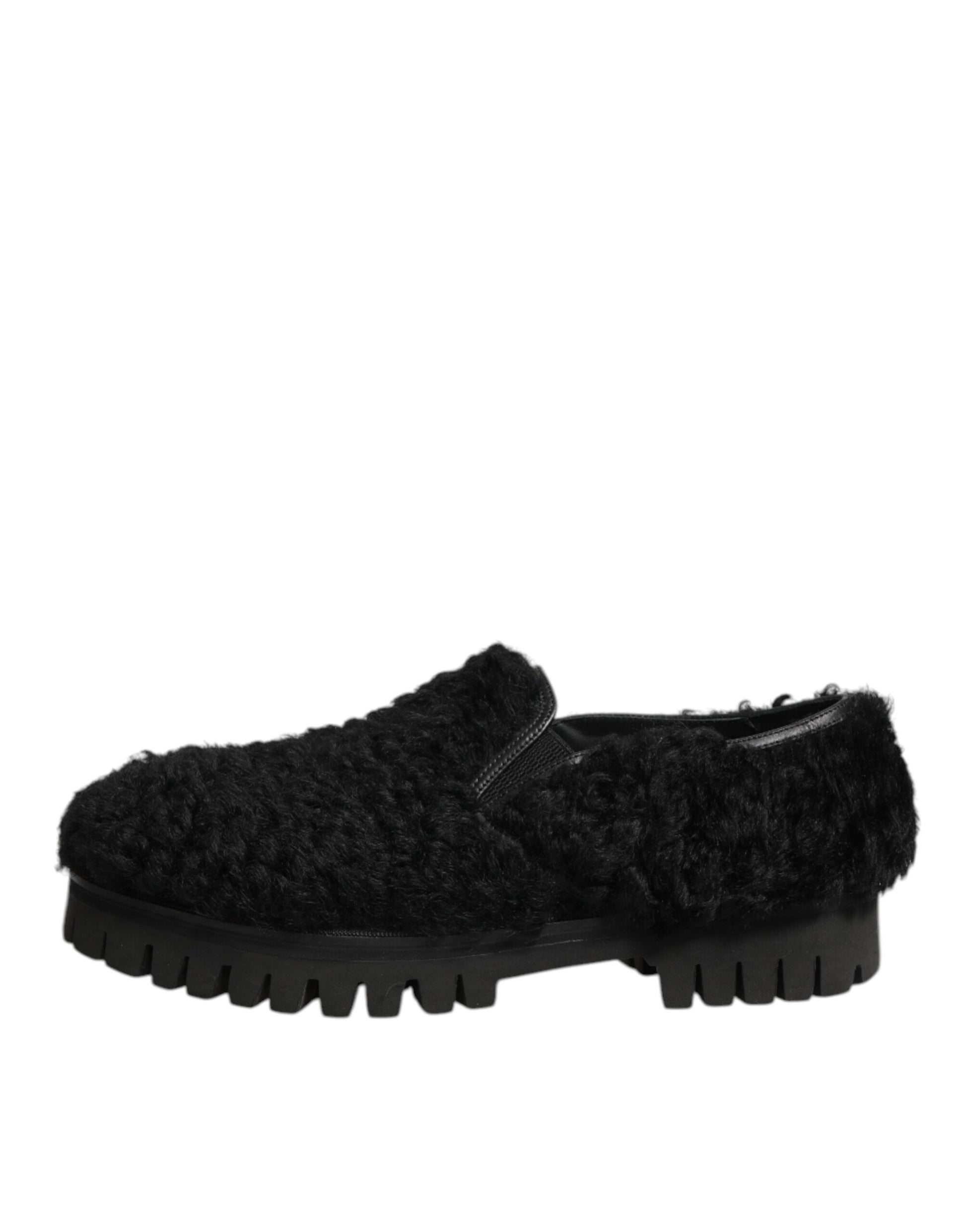 Dolce & Gabbana Dress Black Fur Leather Slippers Men Shoes - ClickThatClicks 