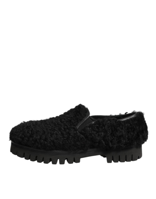 Dolce & Gabbana Dress Black Fur Leather Slippers Men Shoes - ClickThatClicks 