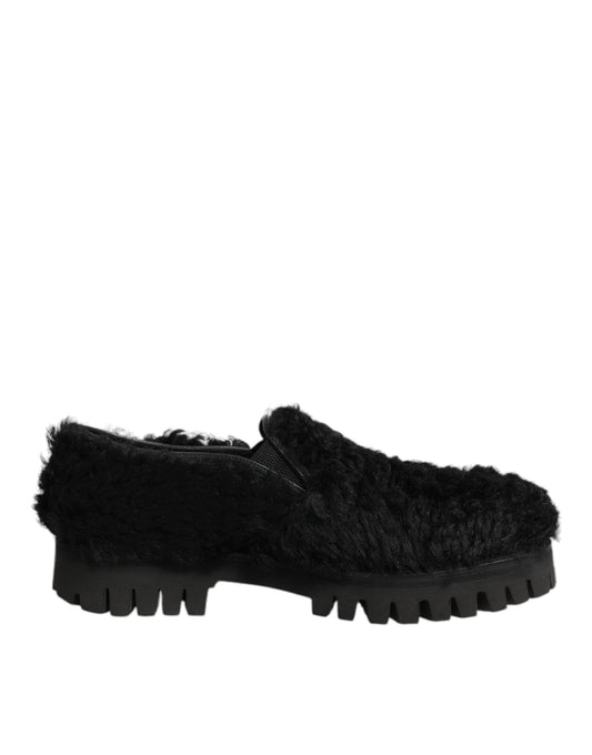 Dolce & Gabbana Dress Black Fur Leather Slippers Men Shoes - ClickThatClicks 