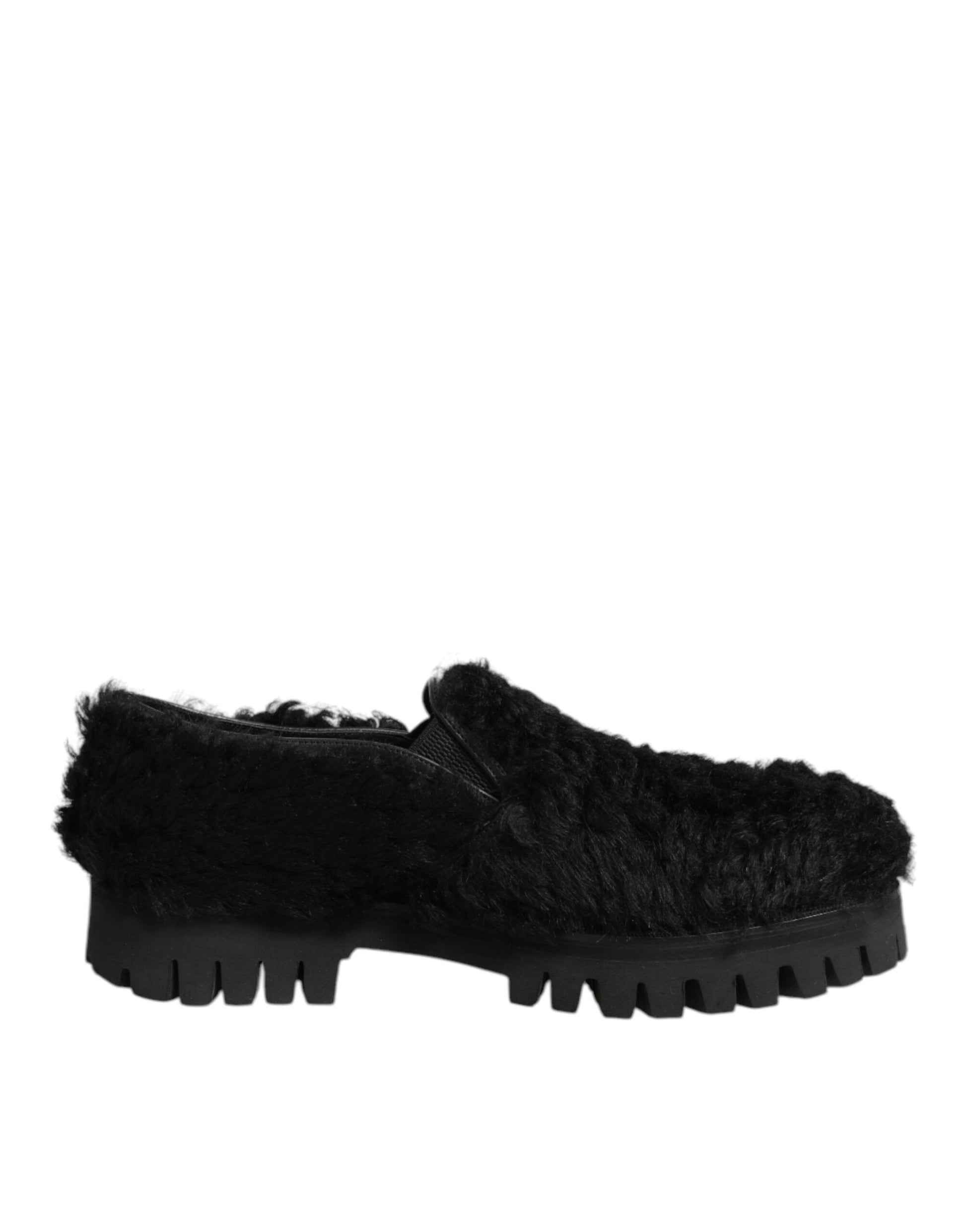 Dolce & Gabbana Dress Black Fur Leather Slippers Men Shoes - ClickThatClicks 