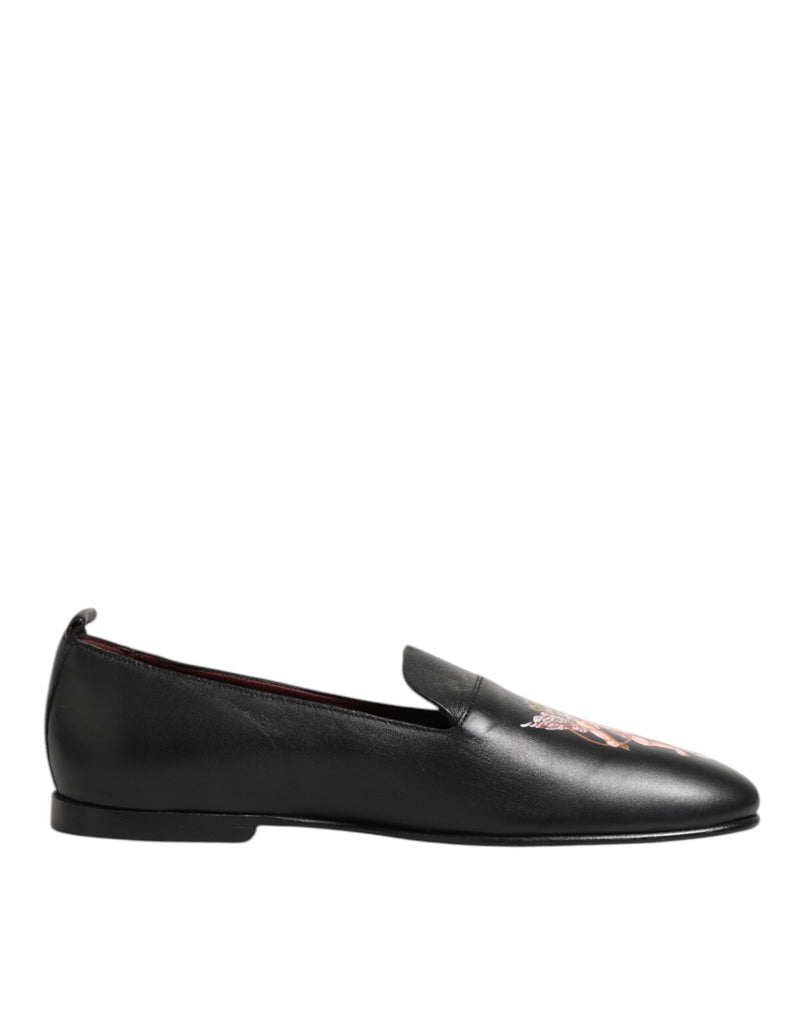 Dolce & Gabbana Black DG Angel Leather Slip On Loafers Shoes