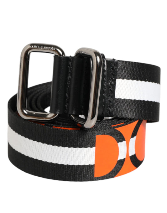 Dolce & Gabbana Black White Striped Logo Metal Buckle Belt - ClickThatClicks 