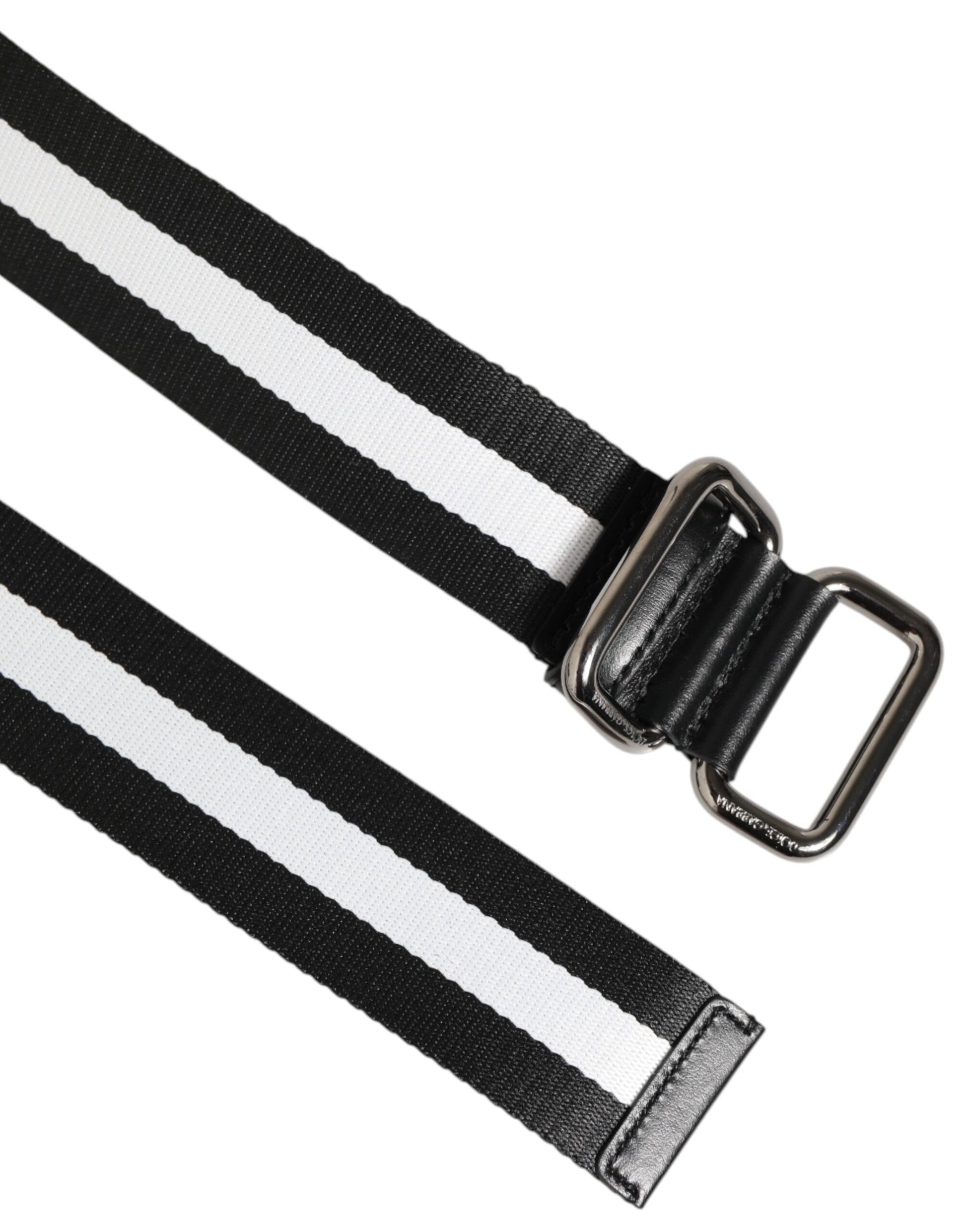 Dolce & Gabbana Black White Striped Logo Metal Buckle Belt - ClickThatClicks 