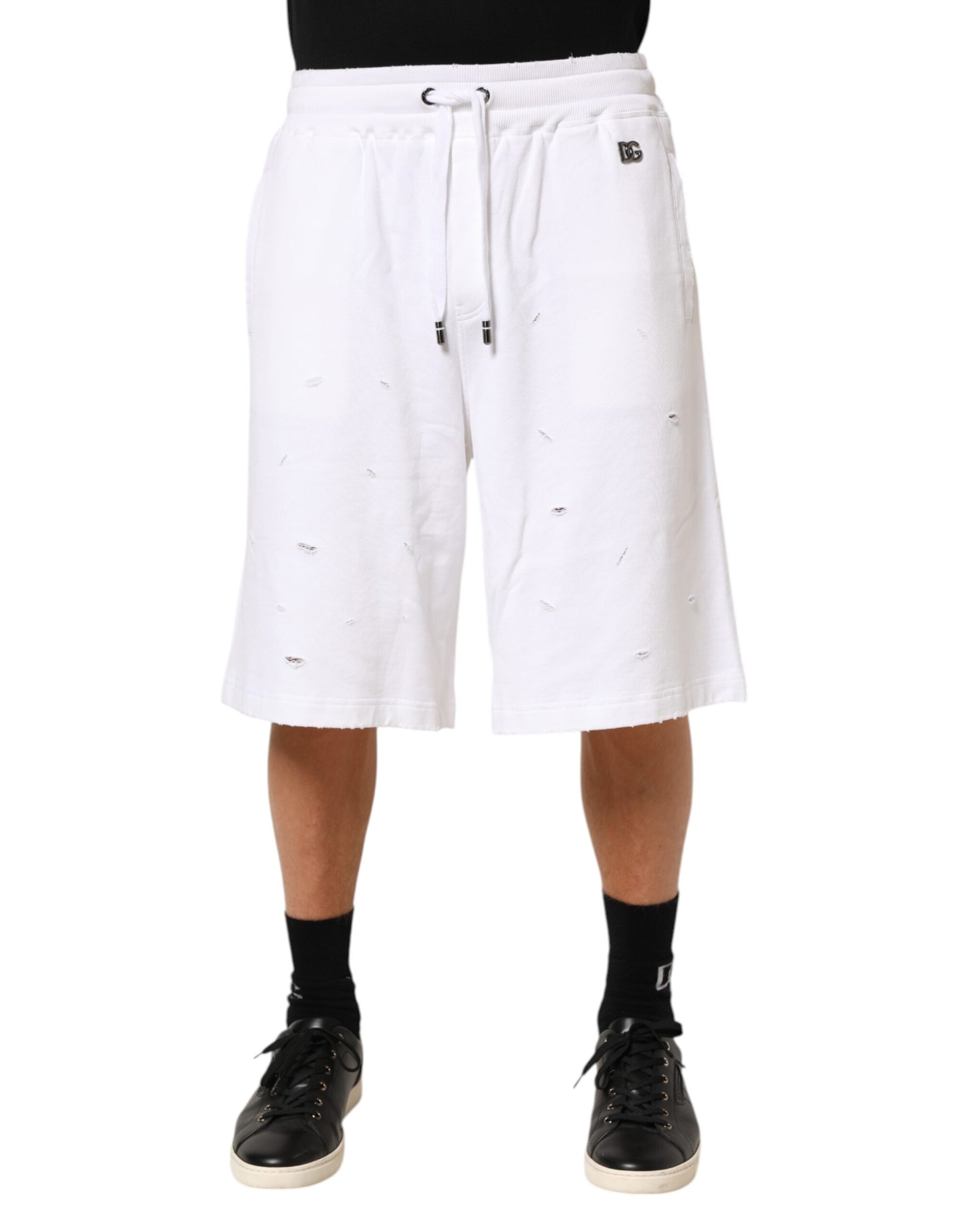 Dolce & Gabbana White Cotton Ripped Bermuda Sweatpants Shorts - ClickThatClicks 