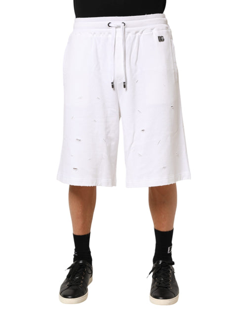 Dolce & Gabbana White Cotton Ripped Bermuda Sweatpants Shorts - ClickThatClicks 