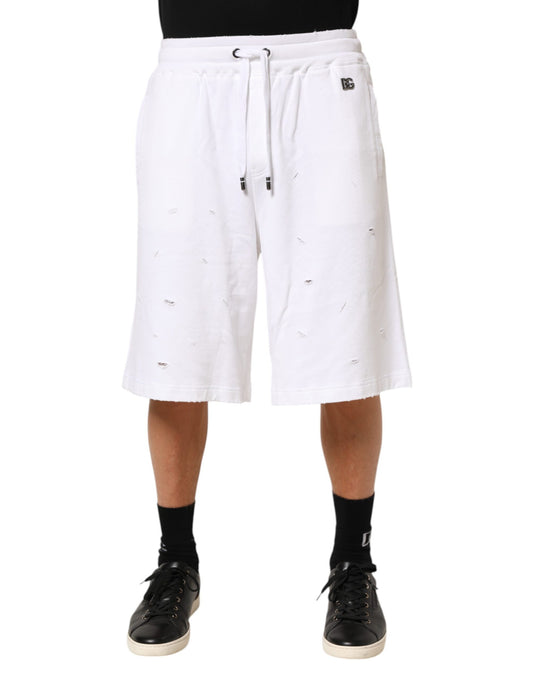 Dolce & Gabbana White Cotton Ripped Bermuda Sweatpants Shorts - ClickThatClicks 