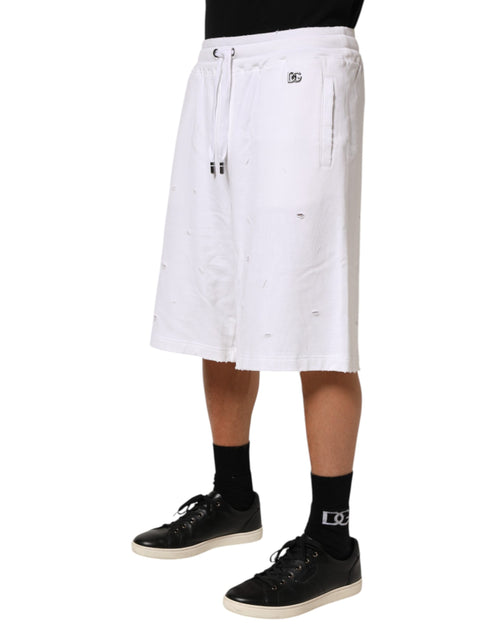 Dolce & Gabbana White Cotton Ripped Bermuda Sweatpants Shorts - ClickThatClicks 