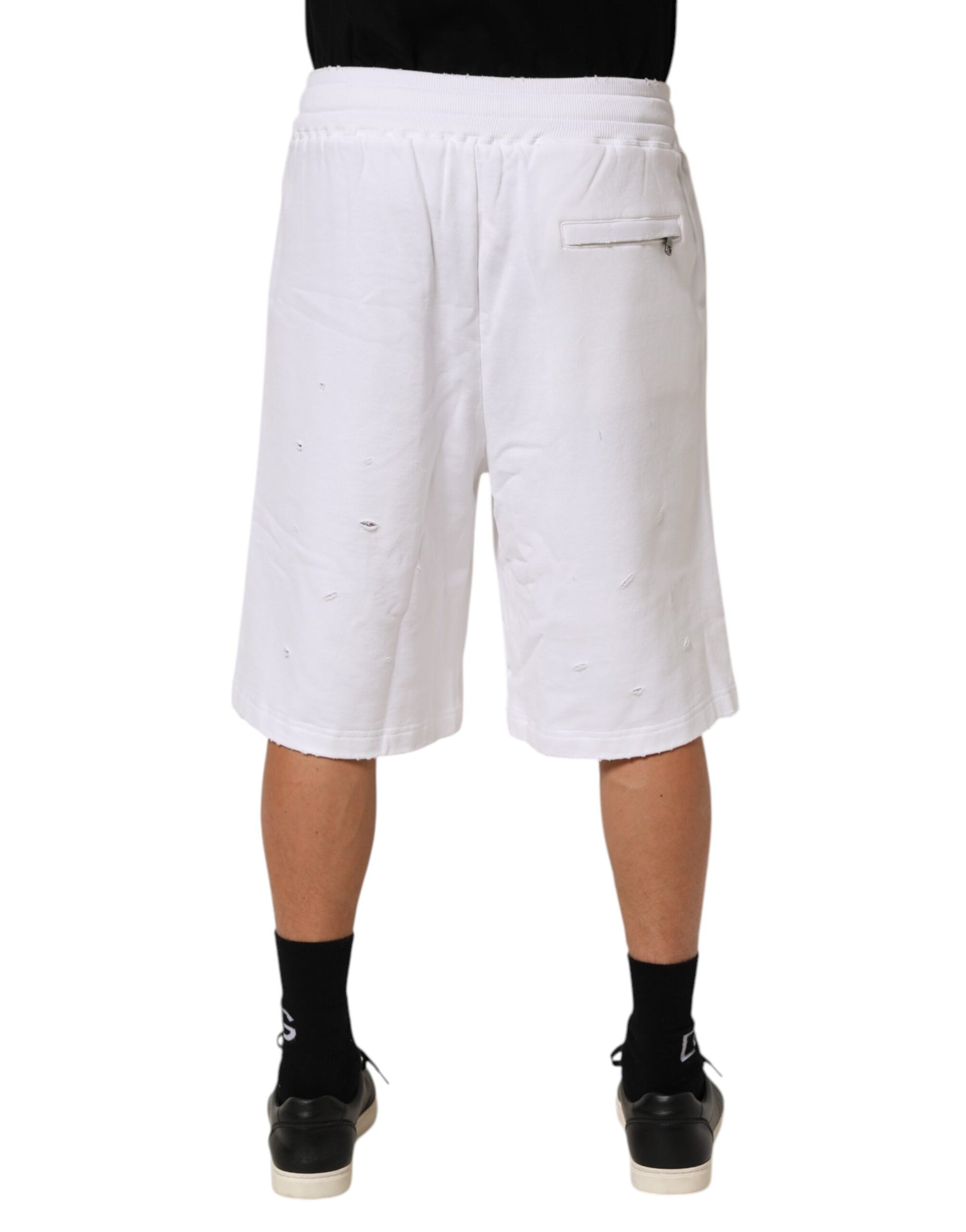 Dolce & Gabbana White Cotton Ripped Bermuda Sweatpants Shorts - ClickThatClicks 