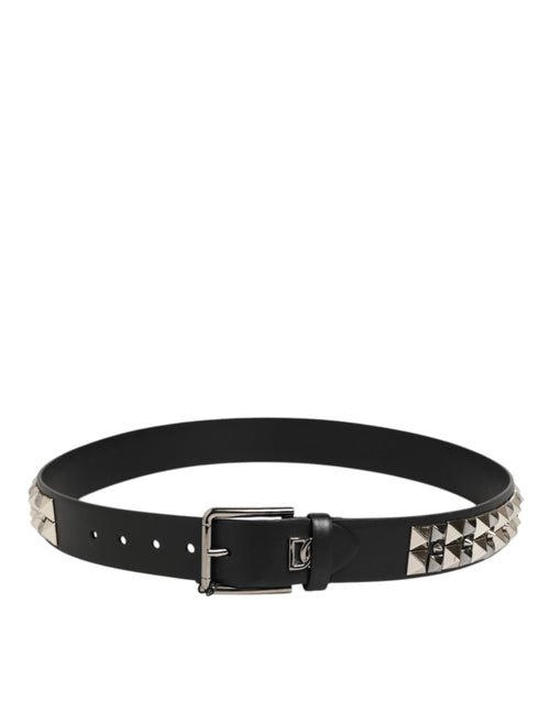 Dolce & Gabbana Black Calf Leather Studded Silver Buckle Belt - ClickThatClicks 