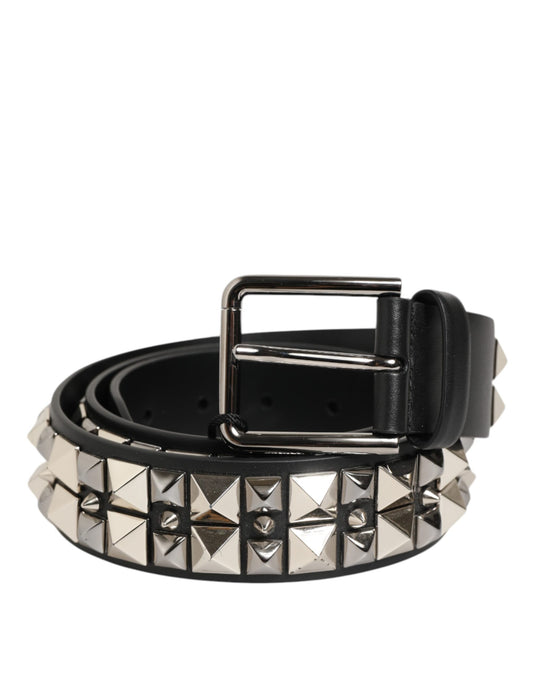 Dolce & Gabbana Black Calf Leather Studded Silver Buckle Belt - ClickThatClicks 