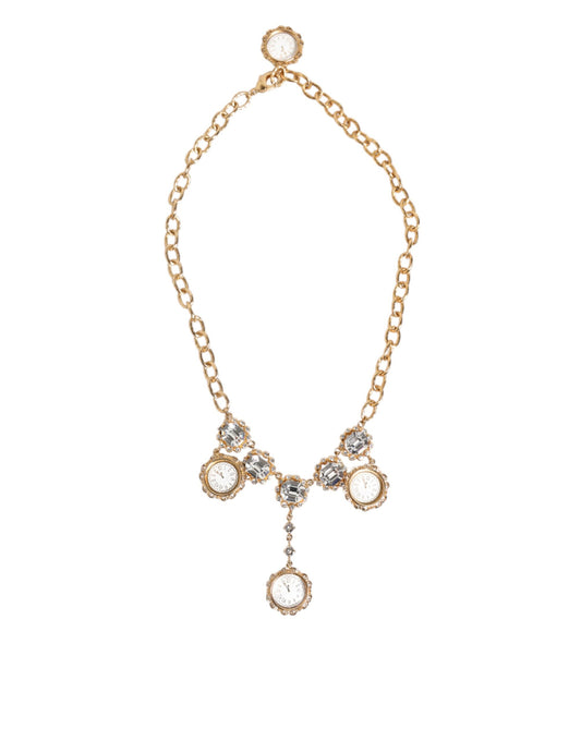 Dolce & Gabbana Gold Crystal Clock Pendant Statement Jewelry Necklace - ClickThatClicks 