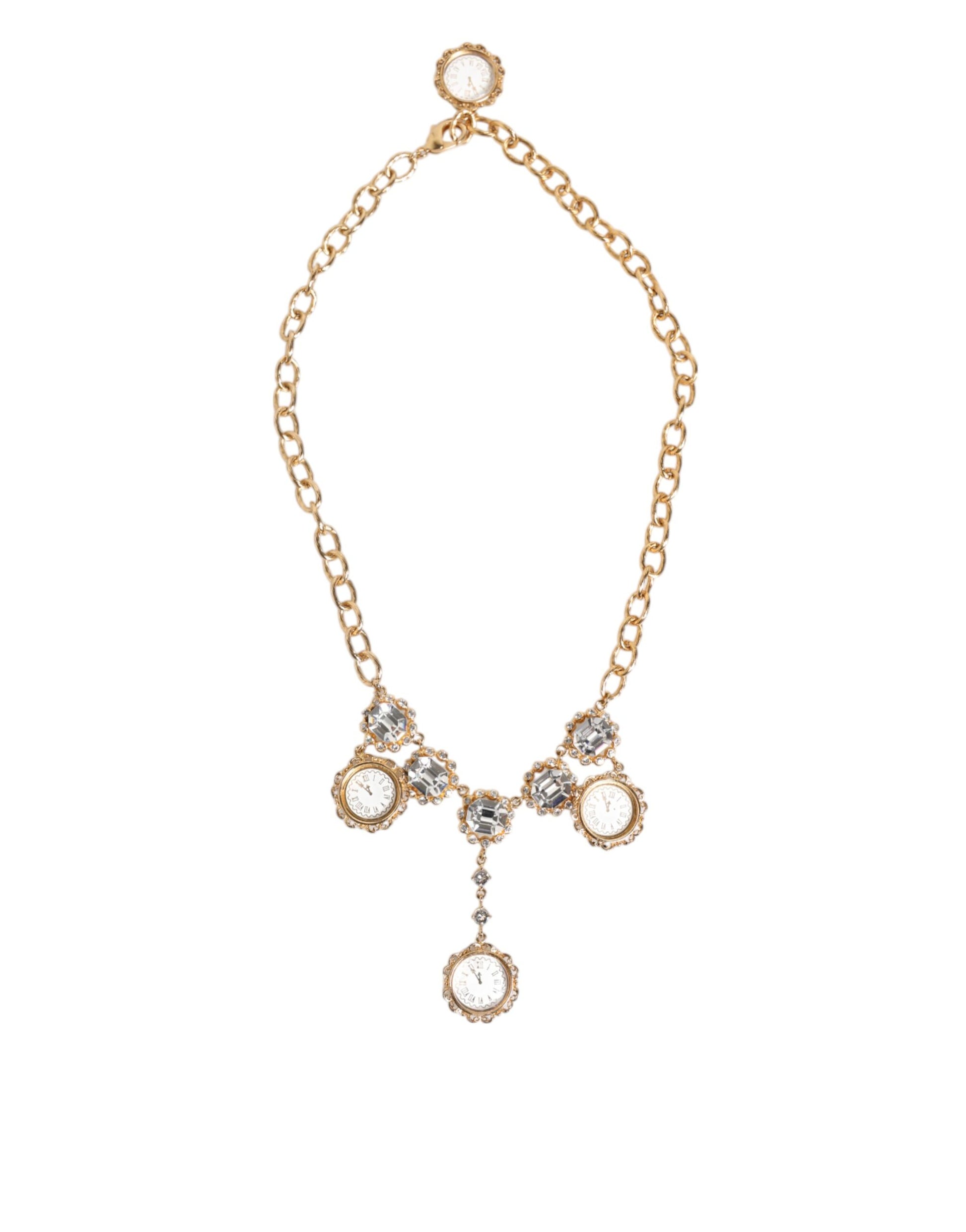 Dolce & Gabbana Gold Crystal Clock Pendant Statement Jewelry Necklace - ClickThatClicks 