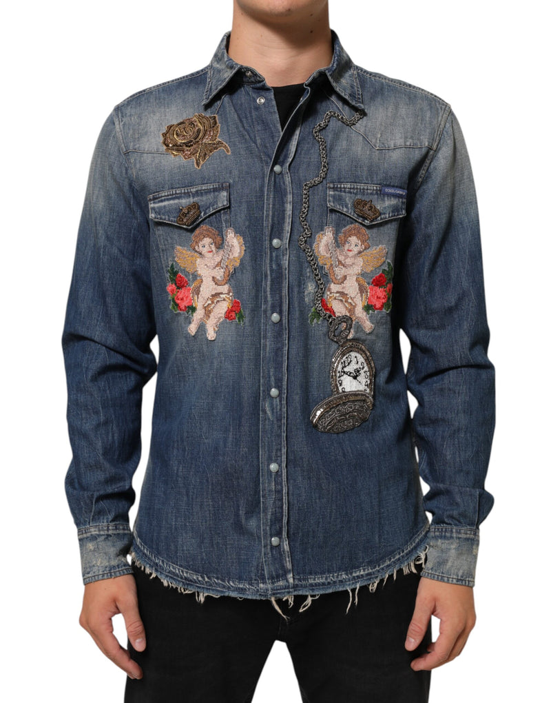 Dolce & Gabbana Blue Angel Patch Denim Buttoned Down Men Shirt