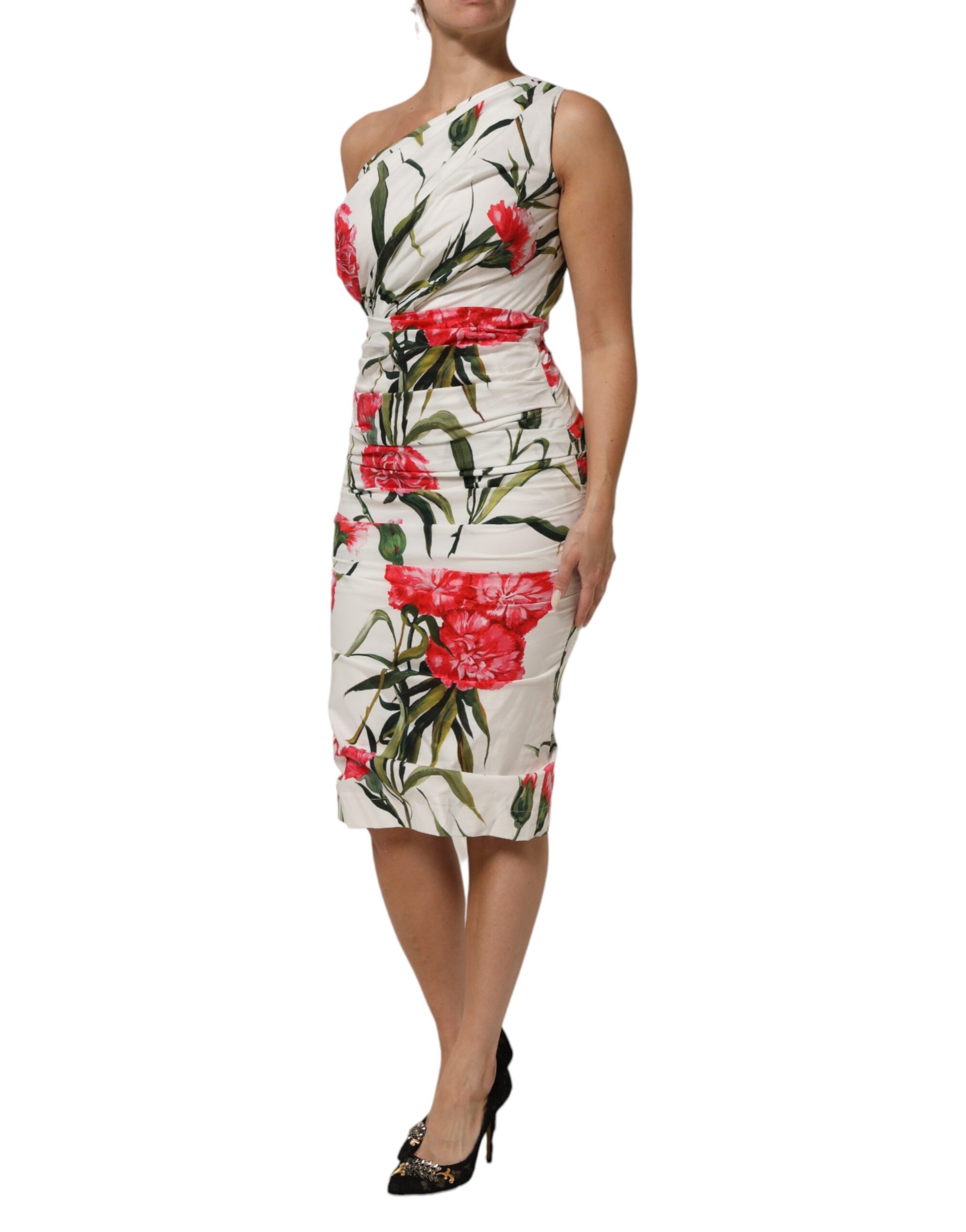 Dolce & Gabbana White Floral One Shoulder Sheath Dress - ClickThatClicks 