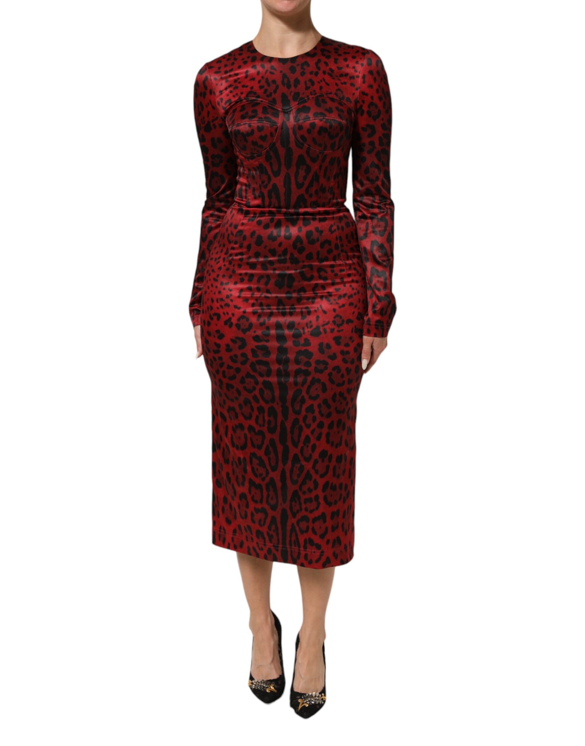 Dolce & Gabbana Red Leopard Sheath Long Sleeves Dress - ClickThatClicks 