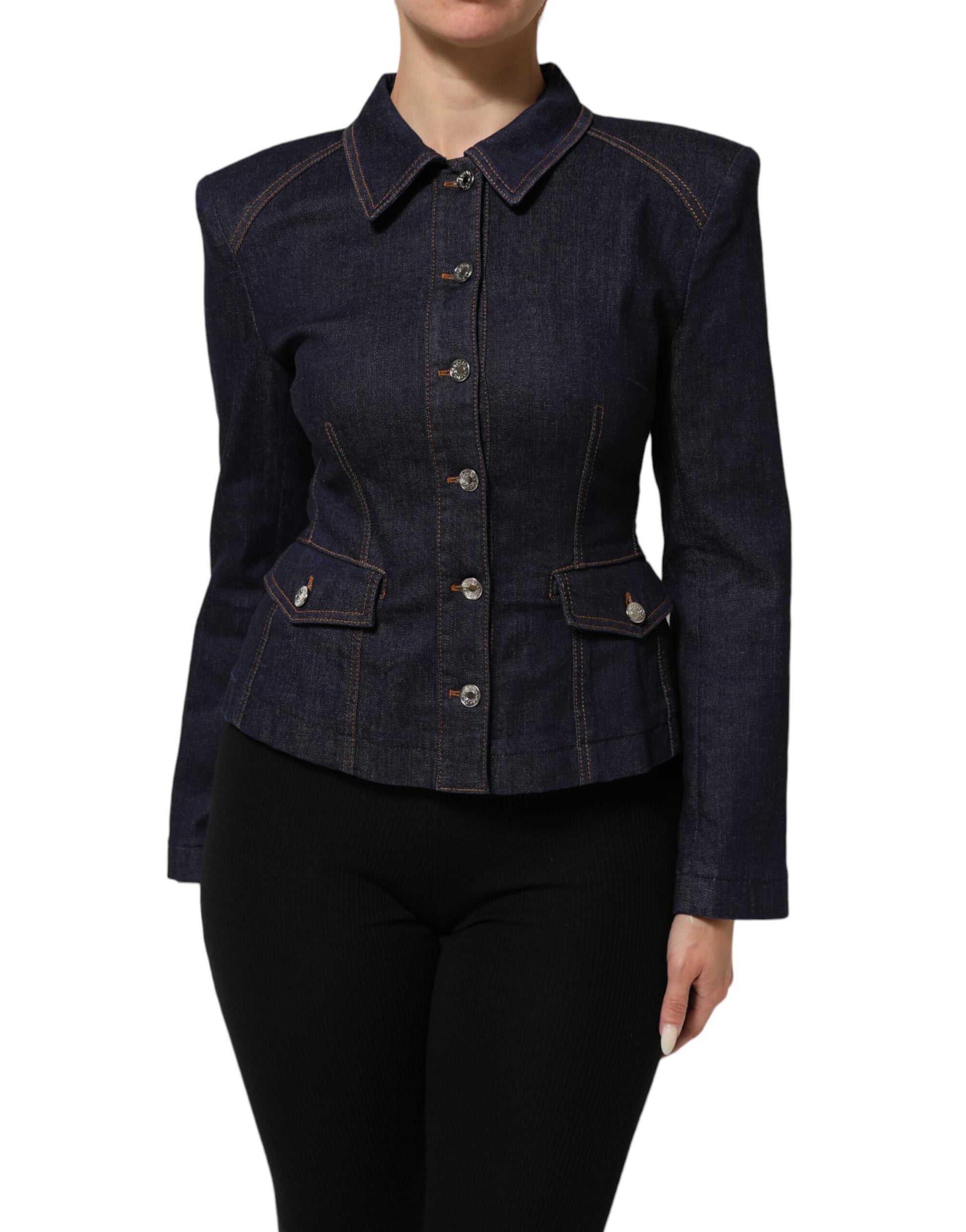 Dolce & Gabbana Dark Blue Cotton Collared Denim Coat Jacket - ClickThatClicks 