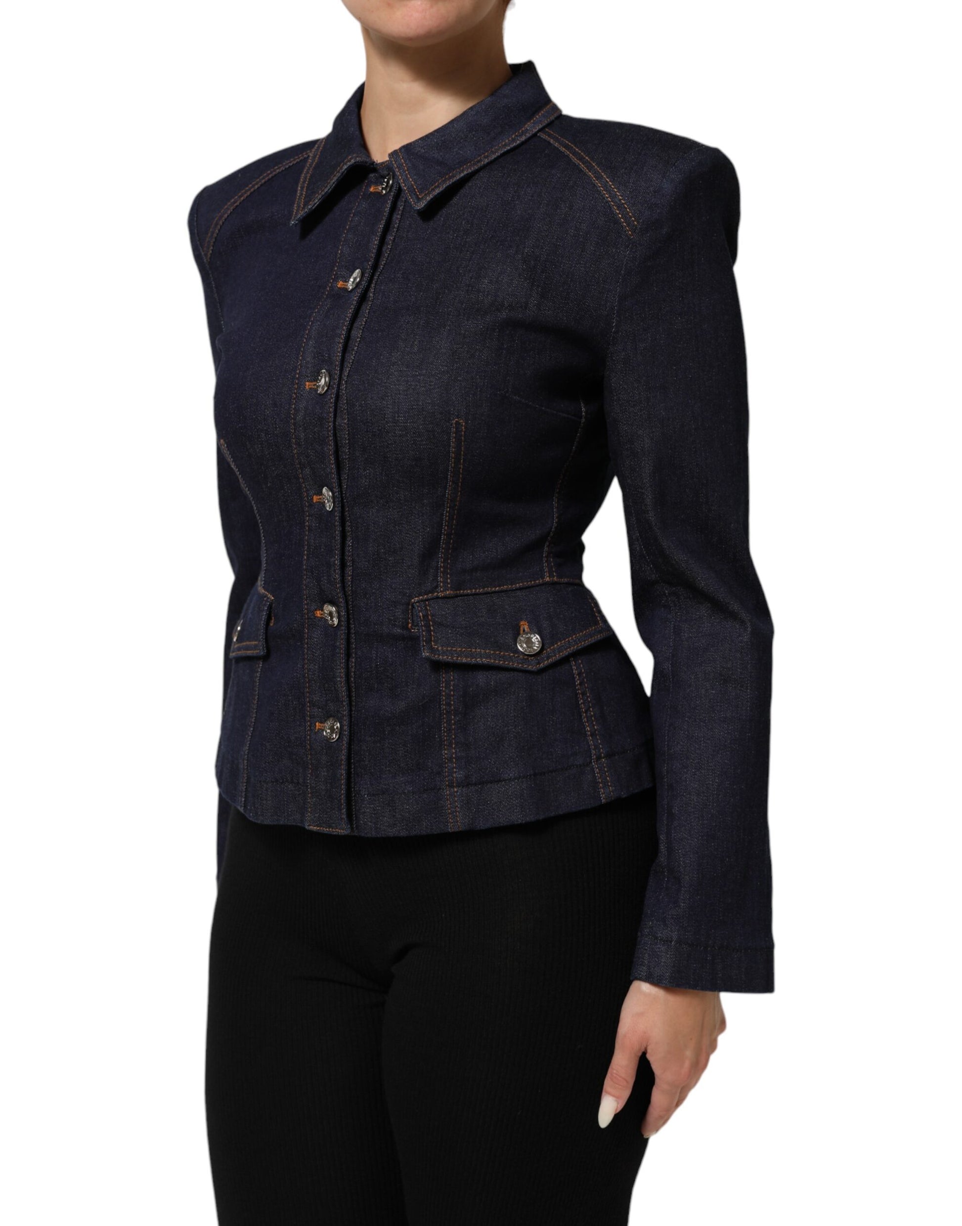 Dolce & Gabbana Dark Blue Cotton Collared Denim Coat Jacket - ClickThatClicks 
