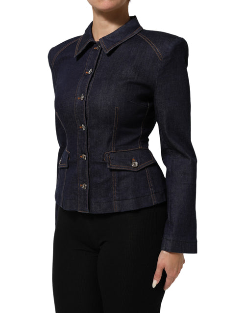Dolce & Gabbana Dark Blue Cotton Collared Denim Coat Jacket - ClickThatClicks 