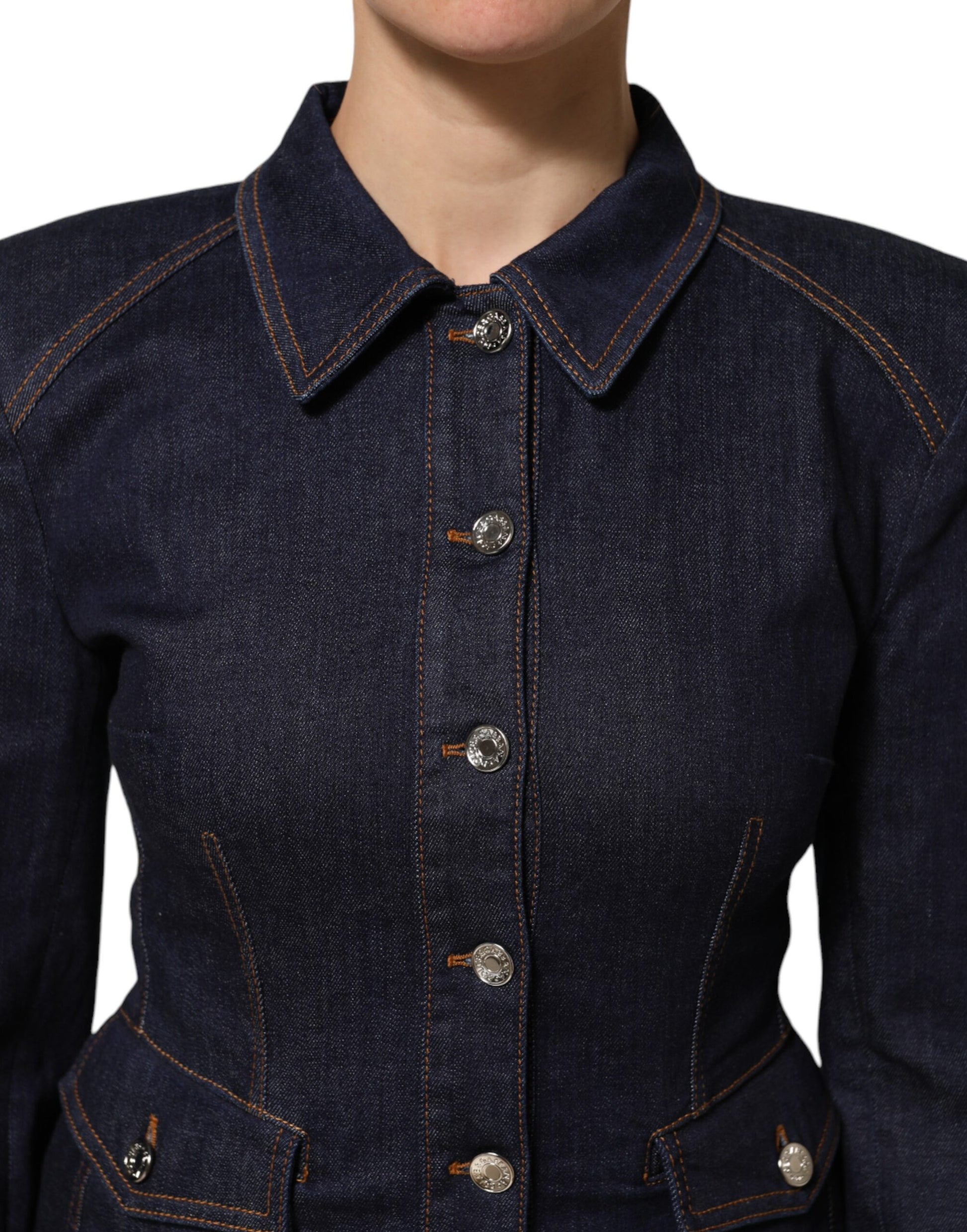 Dolce & Gabbana Dark Blue Cotton Collared Denim Coat Jacket - ClickThatClicks 