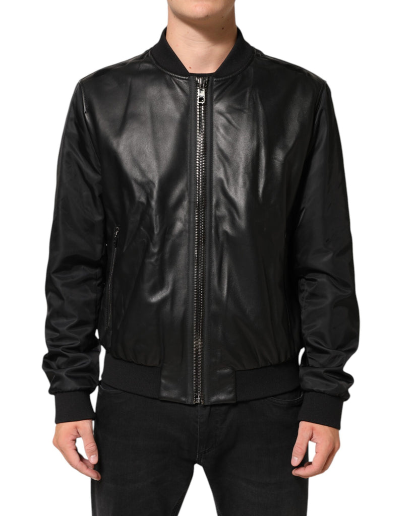 Dolce & Gabbana Black Leather Nylon FullZip Blouson Jacket