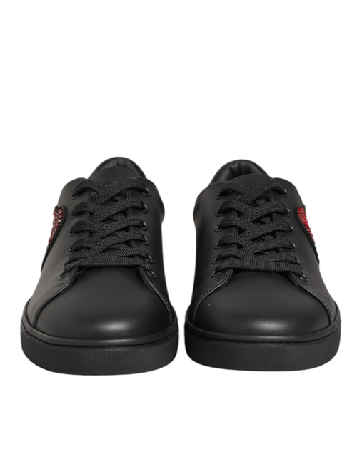 Dolce & Gabbana Black Leather Crystal Heart Sneakers  Shoes - ClickThatClicks 