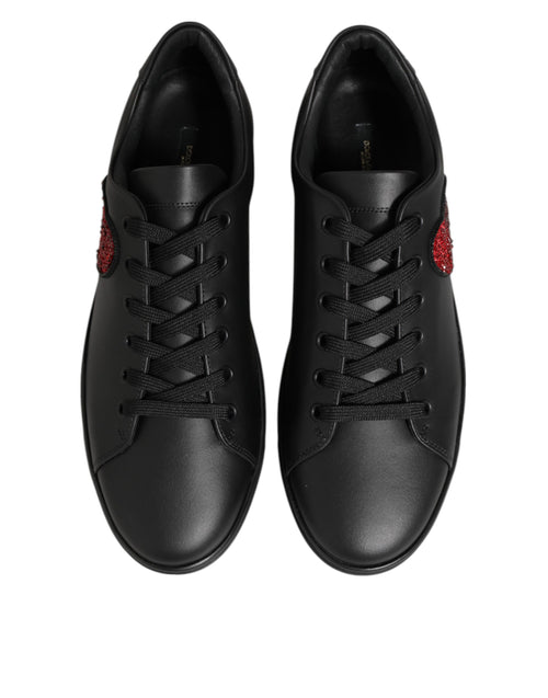 Dolce & Gabbana Black Leather Crystal Heart Sneakers  Shoes - ClickThatClicks 